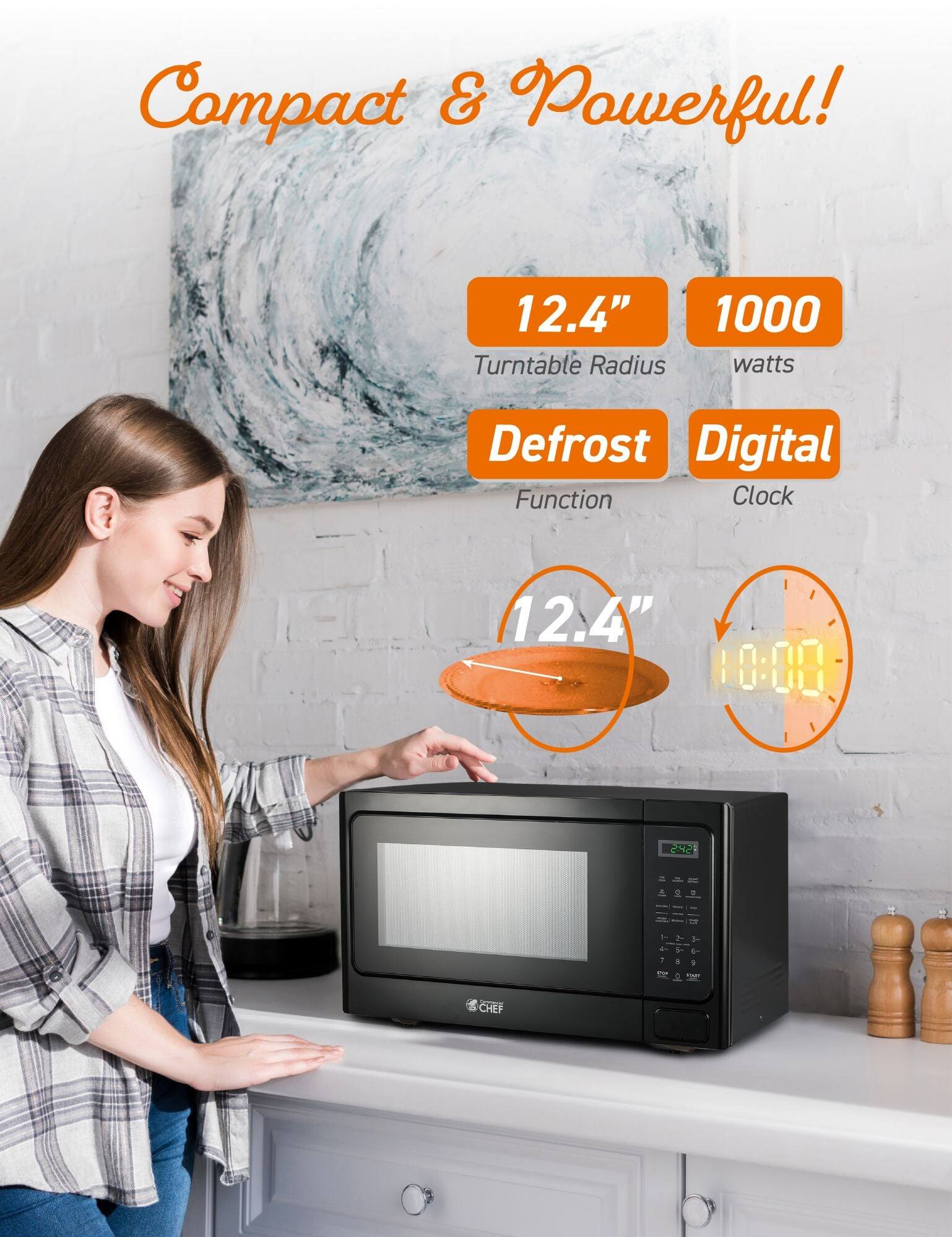 Compact & Powerful! 12.4" Turntable Radius 1000 watts Defrost Function Digital Clock 12.4" 10:00 2:42 -  i - 7 Jn d d 1 1 1  - CHEF