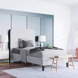 Emma + Oliver - Pasithea Upholstered Platform Bed with Curved, Slim Panel Headboard and Wooden Support Slats - Light Gray