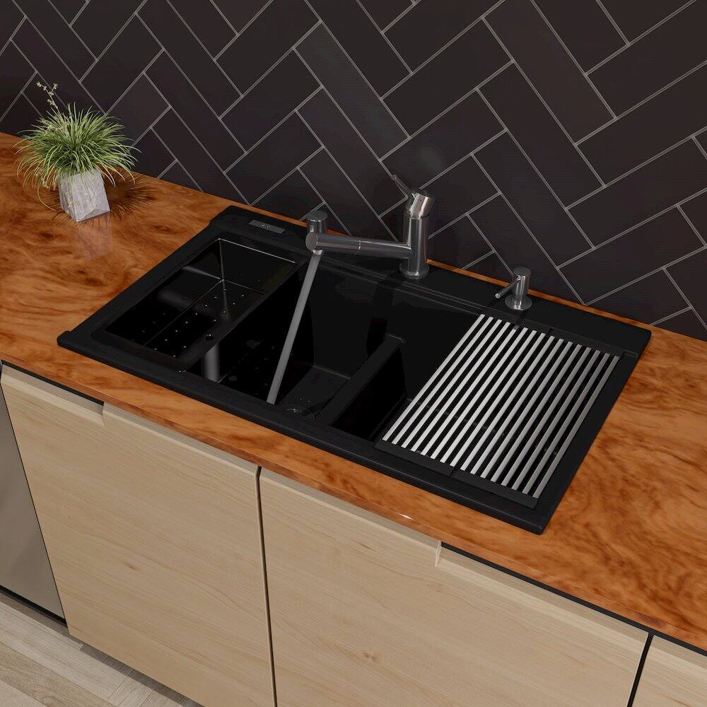 Angle. Alfi - Black 33" Granite Composite Workstation Step Rim Double Bowl Drop In Sink - Black.