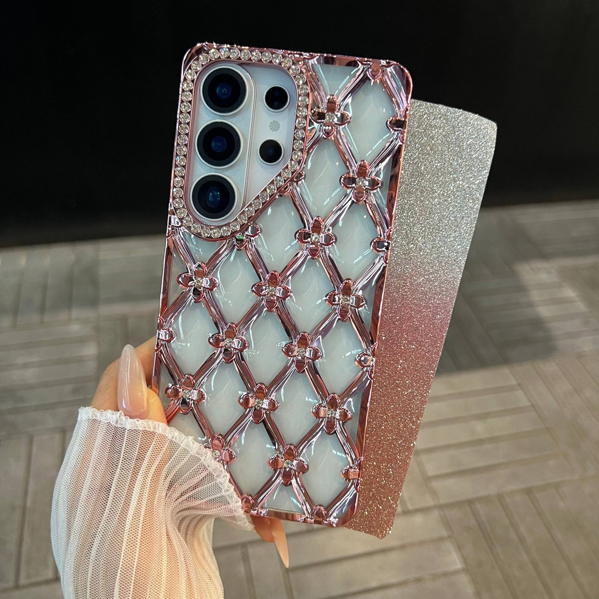 Left. UUCOVER - Luxury Electroplated Bling Glitter Case for Samsung Galaxy S26 Ultra, Shockproof Sparkle Rhinestone Diamond Flower Cover - Silver.