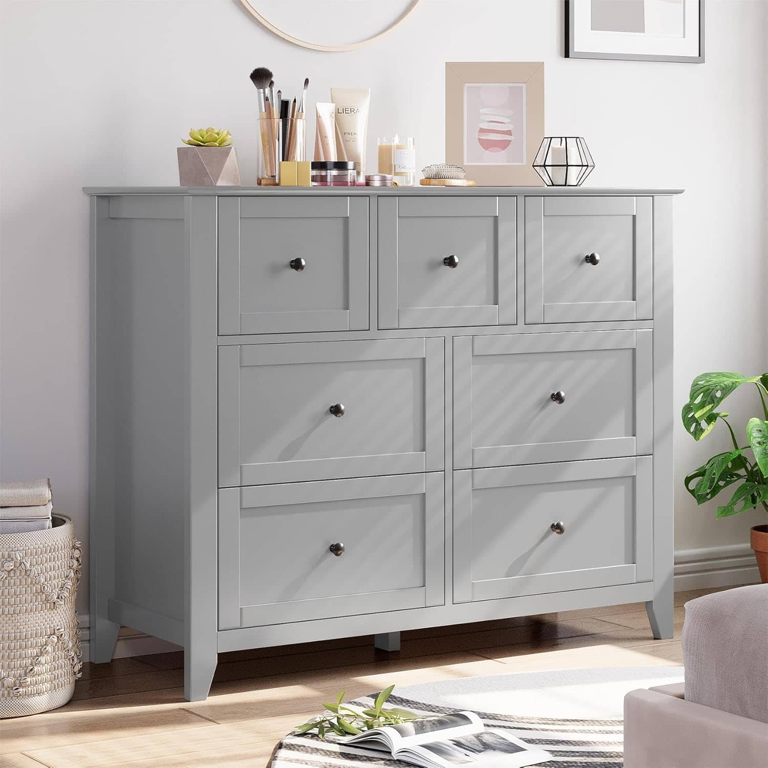 Acekool - Grey 7-Drawer Chest Dresser, Modern Design with Deep Drawers & Nickel Round Handles, Stylish Wood Organizer - Gray