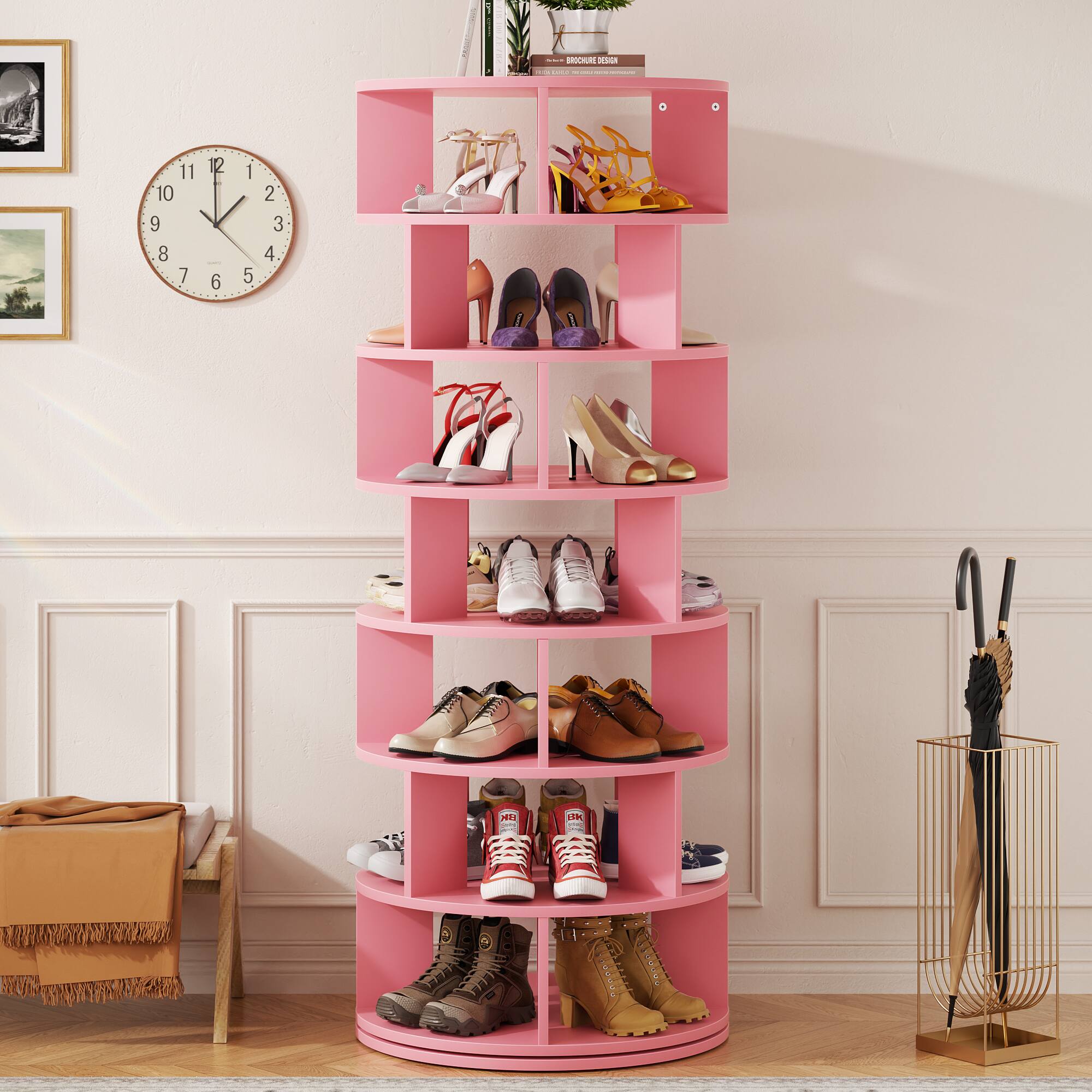 Front. Aheaplus - 7-Tier 360° Rotating Shoe Rack Tower - Vertical MDF Organizer for Closet Storage, Free-Standing Lazy Susan Display - Pink.