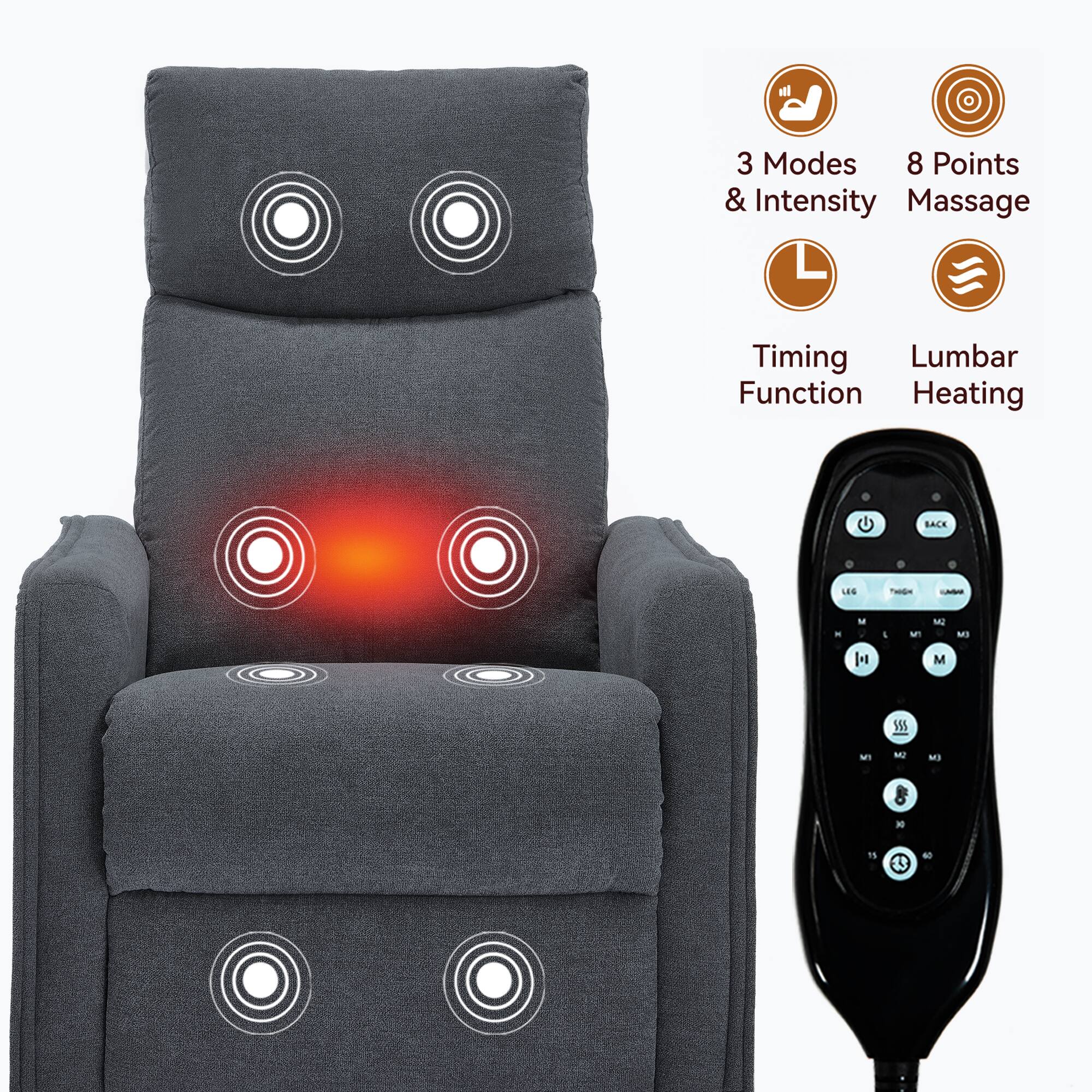 3 Modes & Intensity  
8 Points Massage  
Timing Function  
Lumbar Heating
