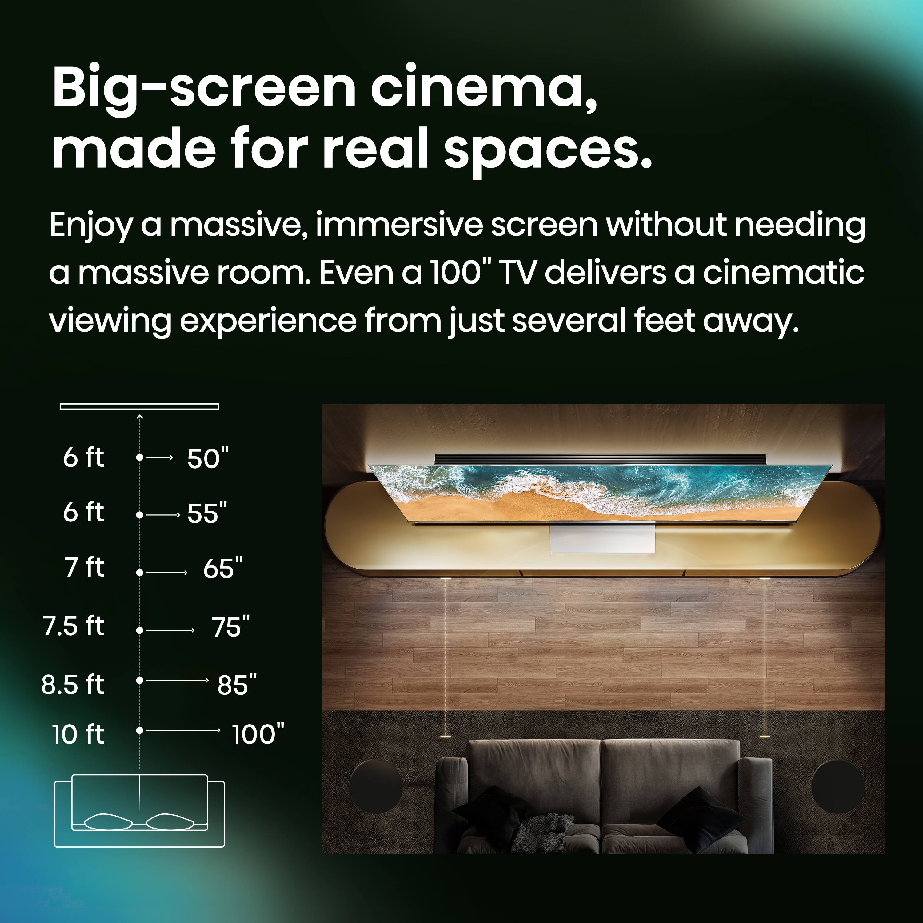 Big-screen cinema, made for real spaces.

Enjoy a massive, immersive screen without needing a massive room. Even a 100" TV delivers a cinematic viewing experience from just several feet away.

6 ft - 50"
6 ft - 55"
7 ft - 65"
7.5 ft - 75"
8.5 ft - 85"
10 ft - 100"