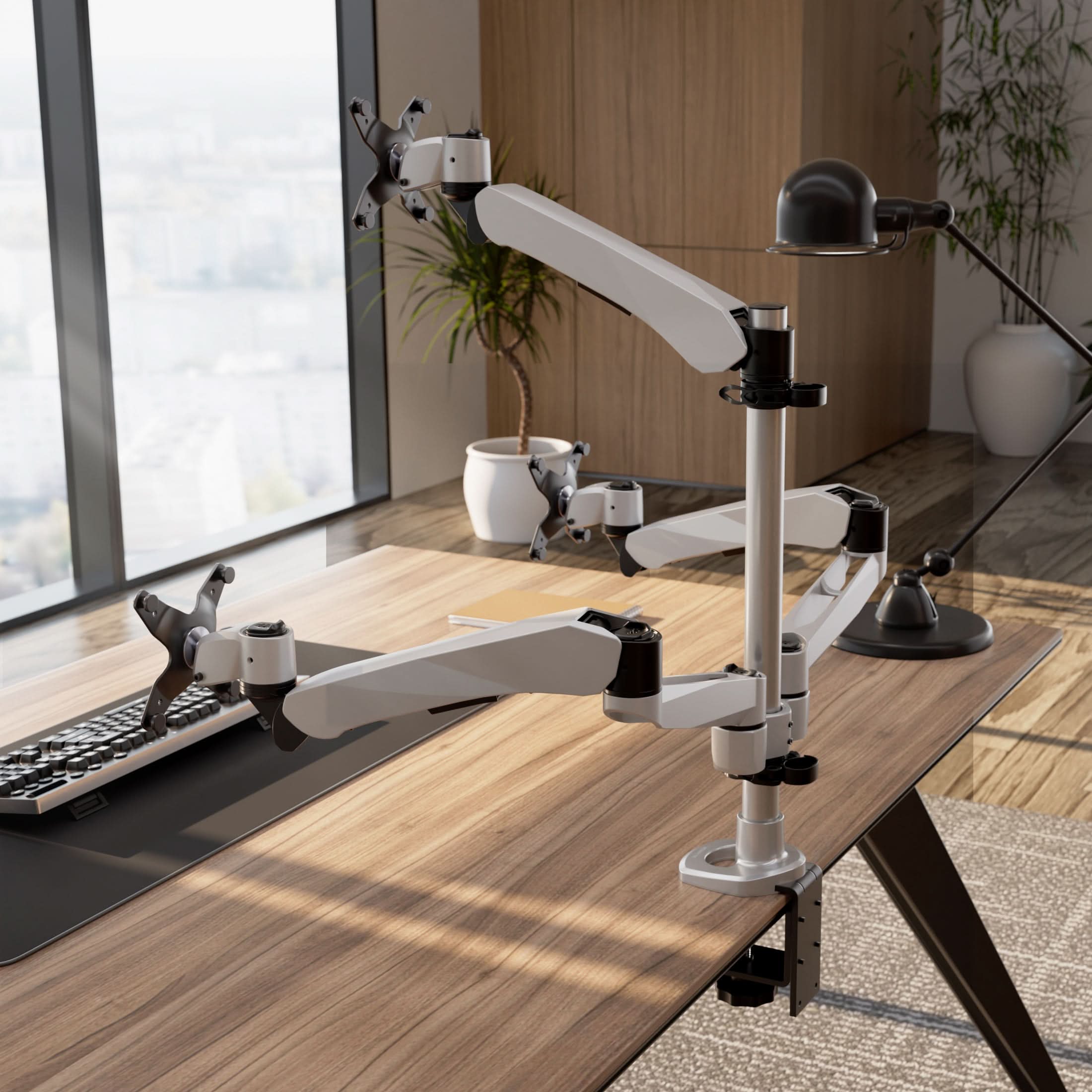 Alt View 9. Mount-It! - CLiX Series Articulating Triple Pyramid Monitor Desk Mount – Full Motion Stand for Three Screens, Height Adjustable - Silver.