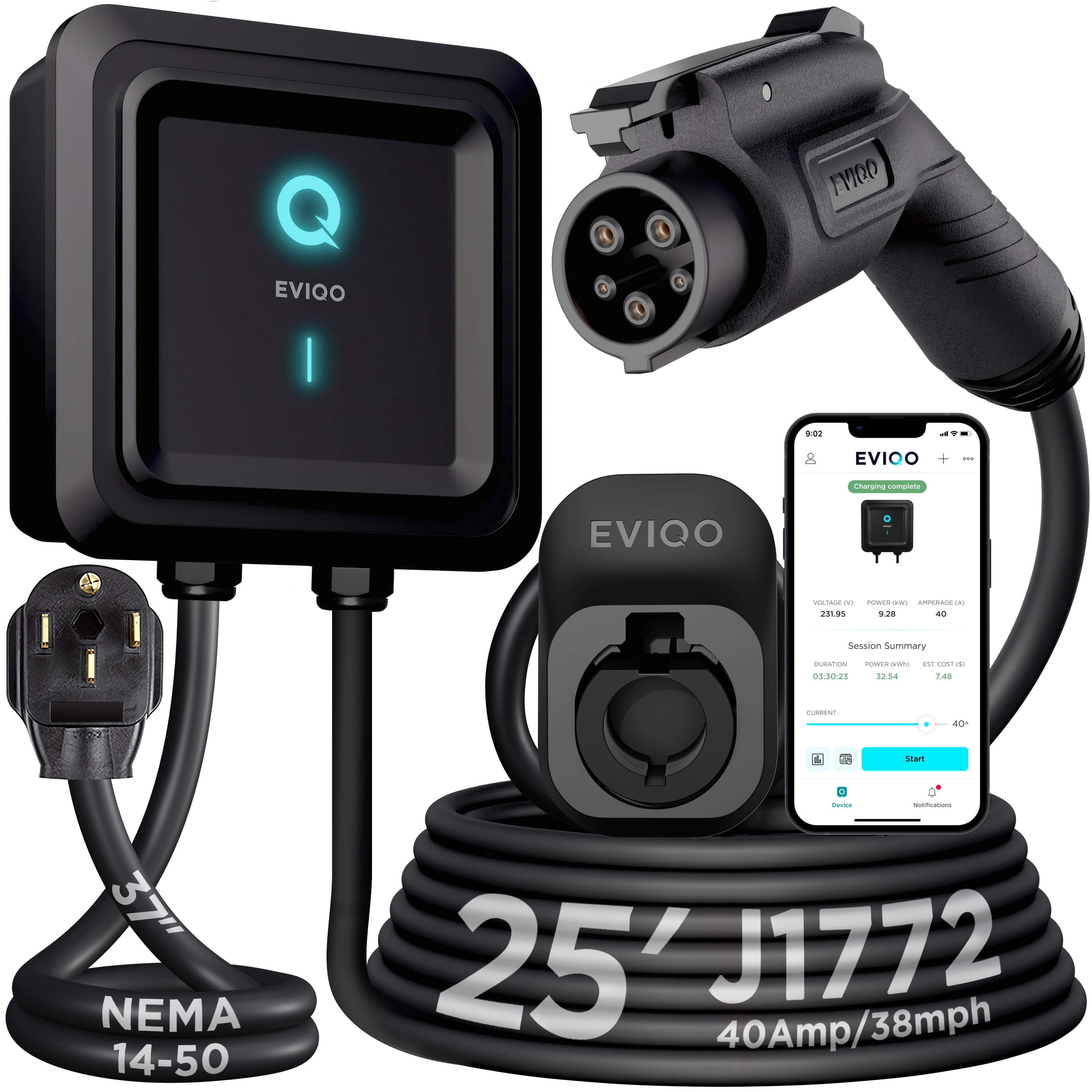 EVIQO - Level 2 EV Charger – 48 Amp – Wall EV Charger Level 2, NEMA 14-50 Plug/Hardwired, J1772 GEN 2 - GEN 2, 14-50 NEMA PLUG-IN, J1772