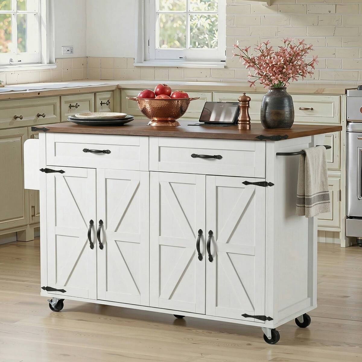 Angle. Loheer - Loheer 53.5" Farmhouse Kitchen Island with Drop Leaf, Rolling Kitchen Cart with Power Outlet, White - White.