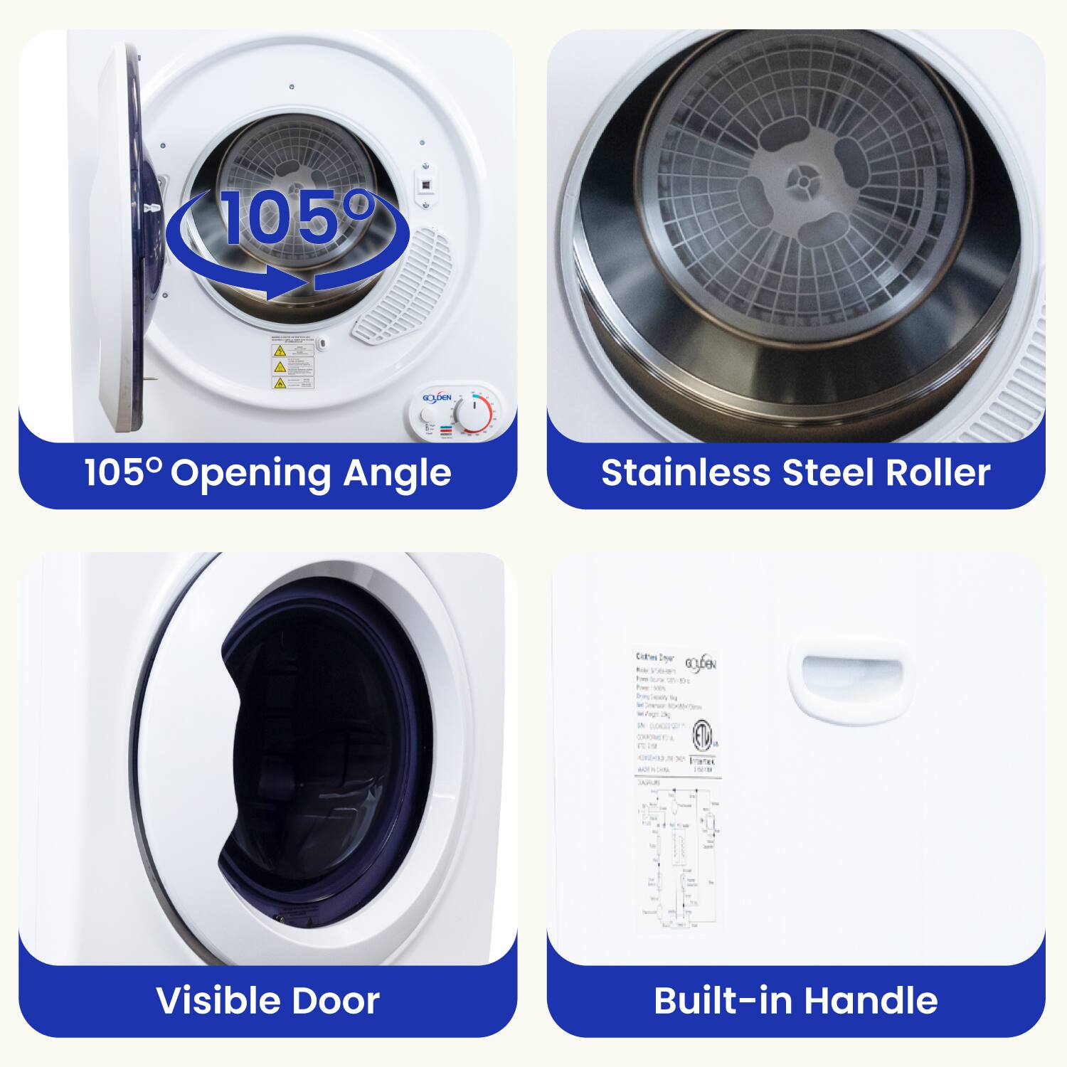 105° Opening Angle  
Stainless Steel Roller  
Visible Door  
Built-in Handle