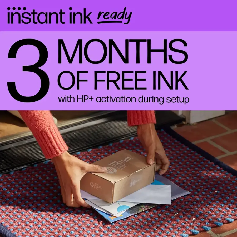 Instant Ink Ready: 3 Months of Free Ink with HP+ Activation During Setup.