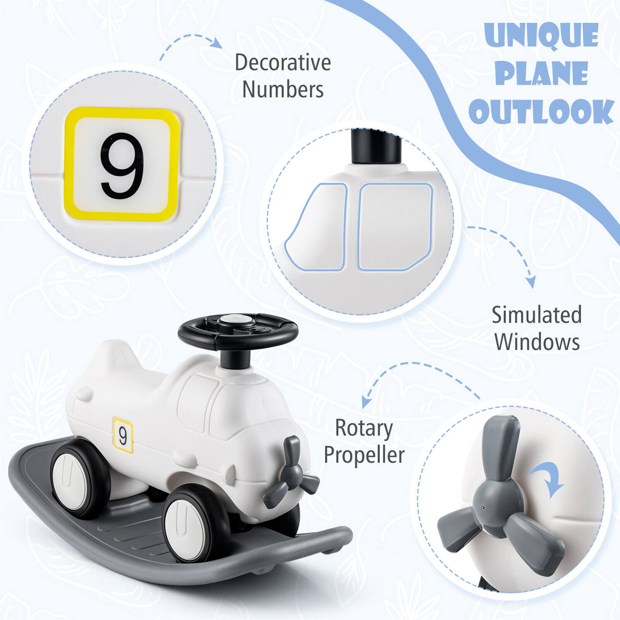 9 Decorative Numbers  
Unique Plane Outlook  
Simulated Windows  
Rotary Propeller