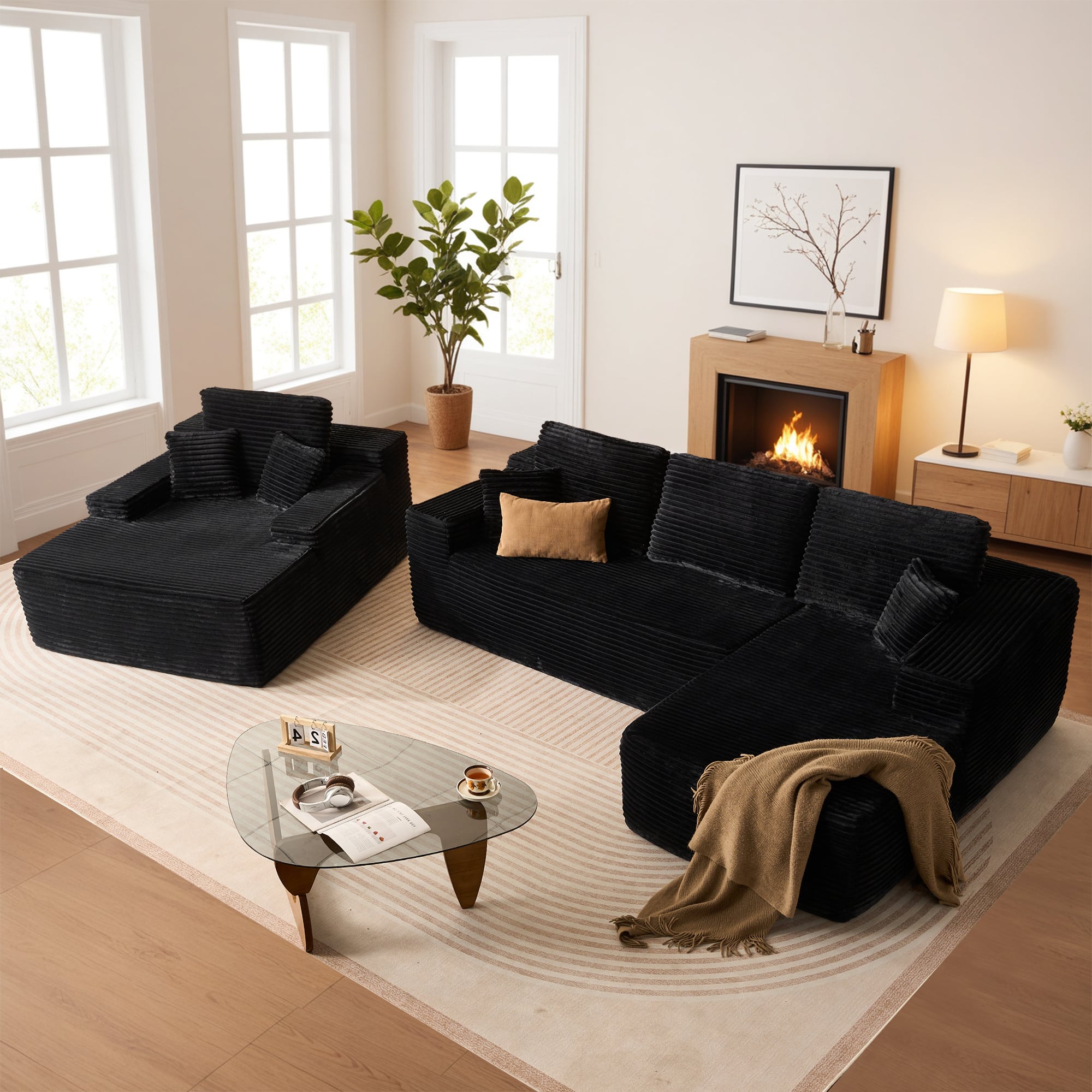 Photos - Sofa Cloud Electronics Ovios - 106" L-Shaped Cloud Sectional  with Oversized Chaise Lounge - Black VIVI+JOJO430-R (Plush Corduroy, Right Facing)