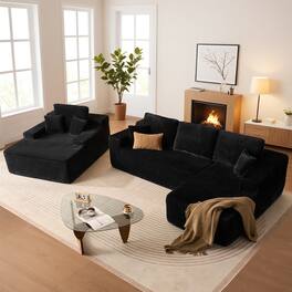 Ovios - 106" L-Shaped Cloud Sectional Sofa with Oversized Chaise Lounge - Black(Plush Corduroy, Right Facing)