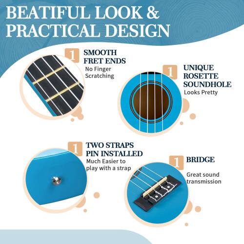 BEATIFUL LOOK & PRACTICAL DESIGN

1. SMOOTH FRET ENDS
   No Finger Scratching

2. UNIQUE ROSETTE SOUNDHOLE
   Looks Pretty

3. TWO STRAPS PIN INSTALLED
   Much Easier to play with a strap

4. BRIDGE
   Great sound transmission