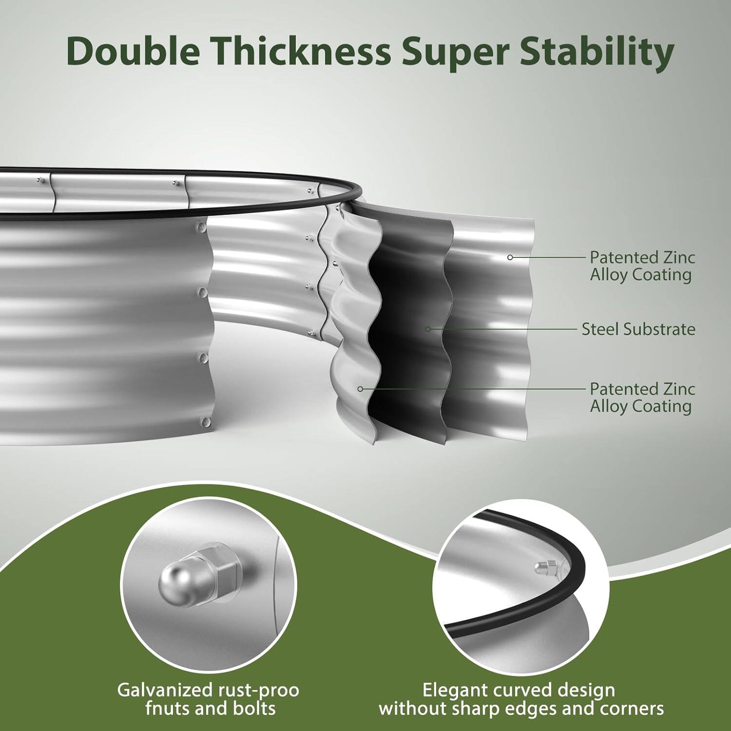 Double Thickness Super Stability

- Patented Zinc Alloy Coating
- Steel Substrate
- Patented Zinc Alloy Coating

Galvanized rust-proof nuts and bolts

Elegant curved design without sharp edges and corners