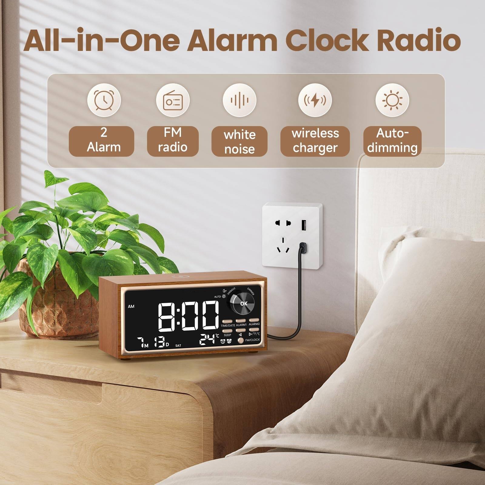 All-in-One Alarm Clock Radio

- 2 Alarm
- FM radio
- white noise
- wireless charger
- Auto-dimming

8:00 AM

7° 13° SAT 24°C
