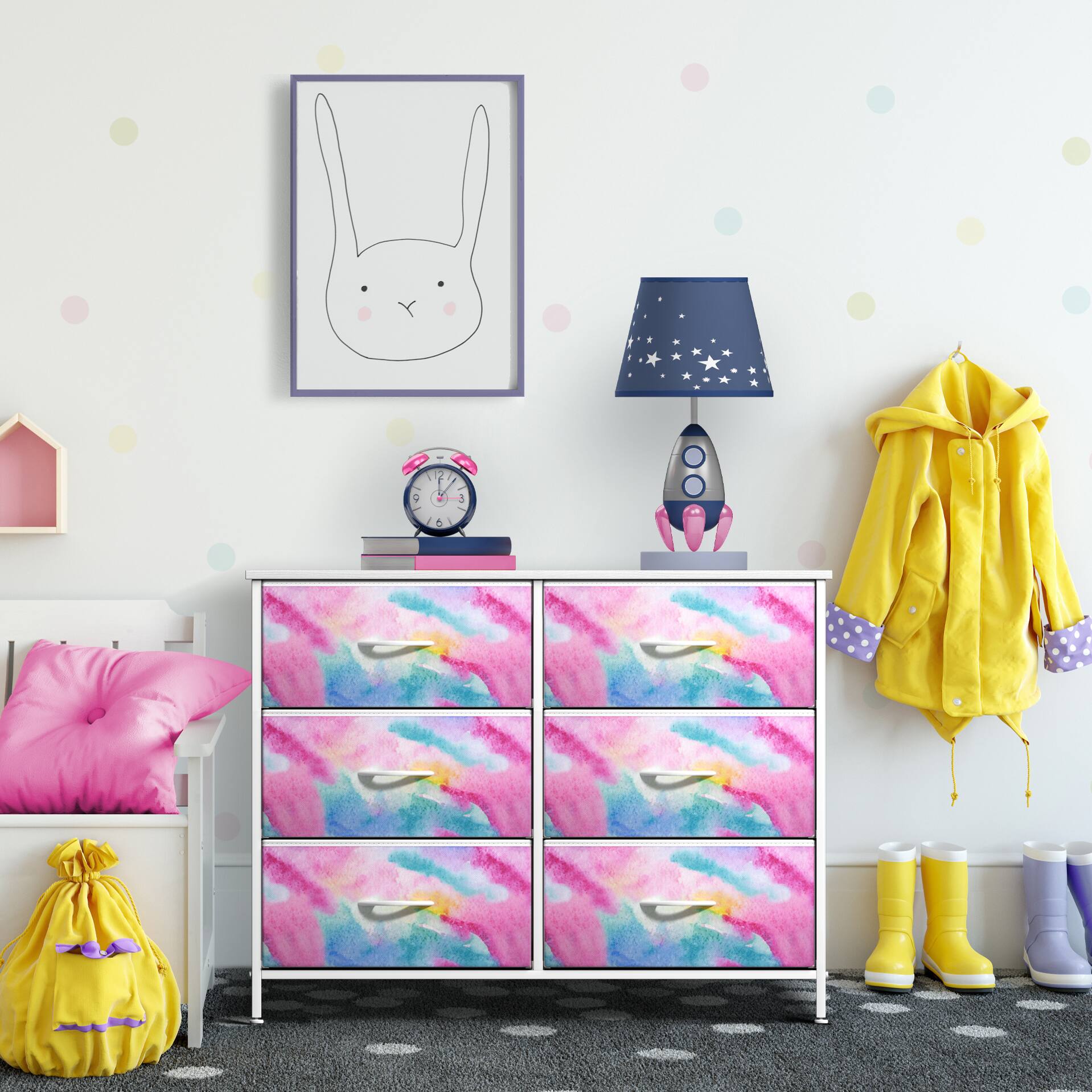 Alt View 3. Sorbus - Sorbus Kids Dresser with 6 Drawers, Storage Chest Organizer Unit Nightstand, Steel Frame, Wood Top & Handle - Watercolor Tie-Dye.