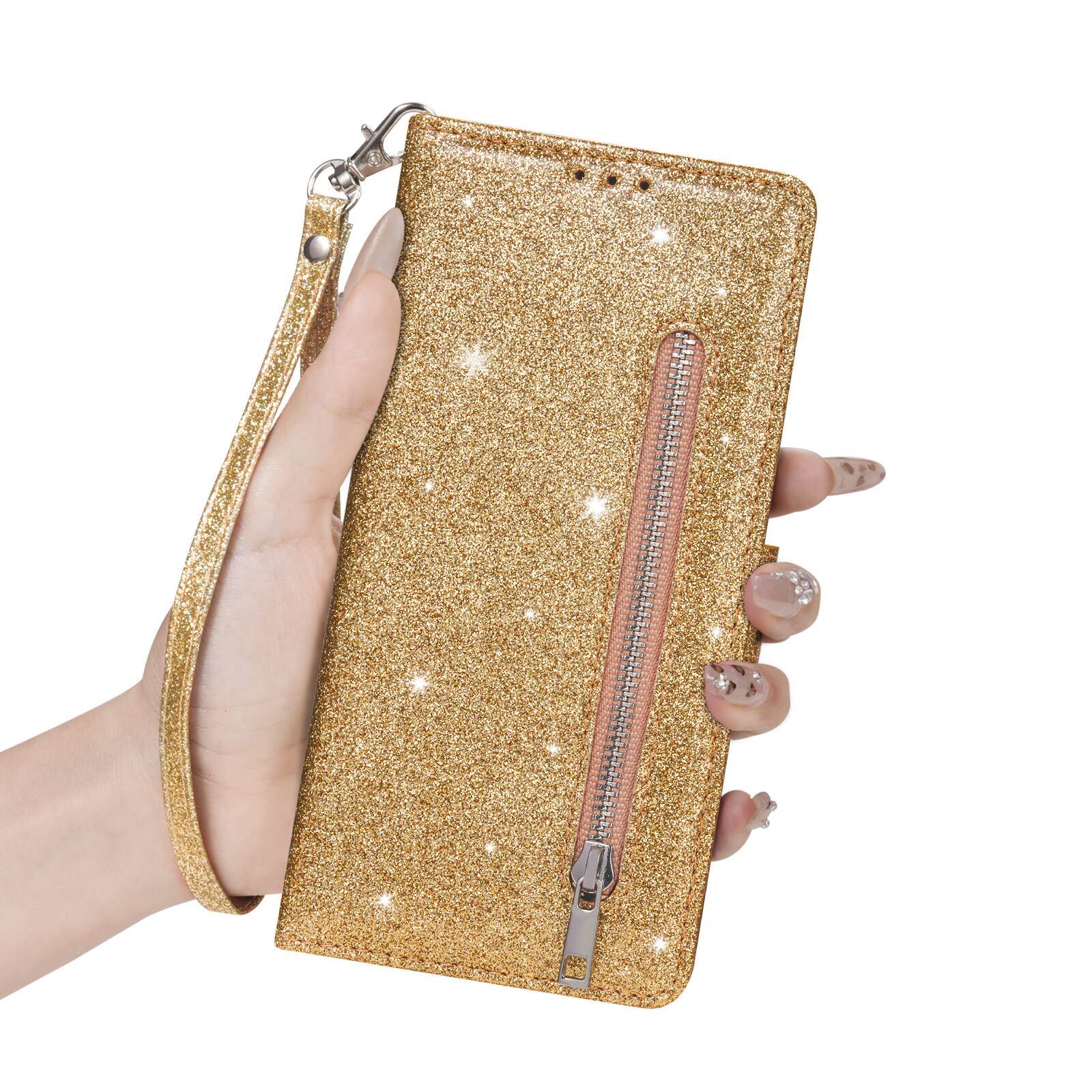 Alt View 3. Dteck - Glitter Zipper Wallet Case for Samsung Galaxy S25 Ultra Card Holder Wrist Strap Shockproof PU Leather Cover - Gold.
