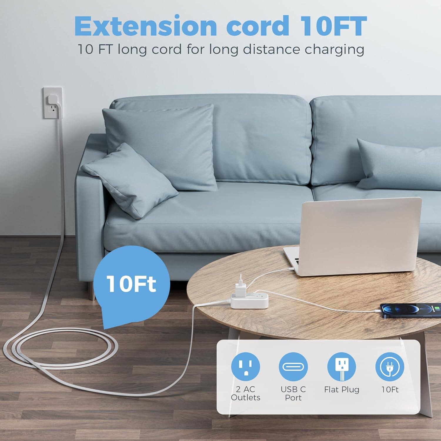 Extension cord 10FT  
10 FT long cord for long distance charging  

- 2 AC Outlets  
- USB C Port  
- Flat Plug  
- 10Ft