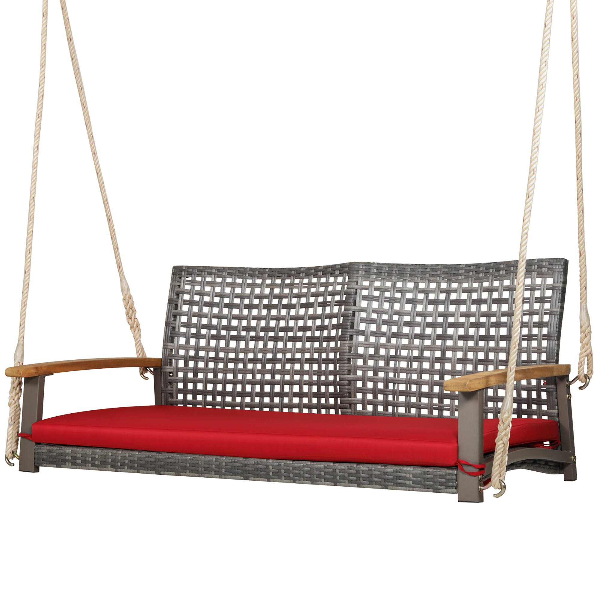 Alt View 1. Gymax - Gymax Rattan Patio Porch Swing 2-Person Cushioned Swing Chair Bench w/ Hanging Ropes Red - Red.