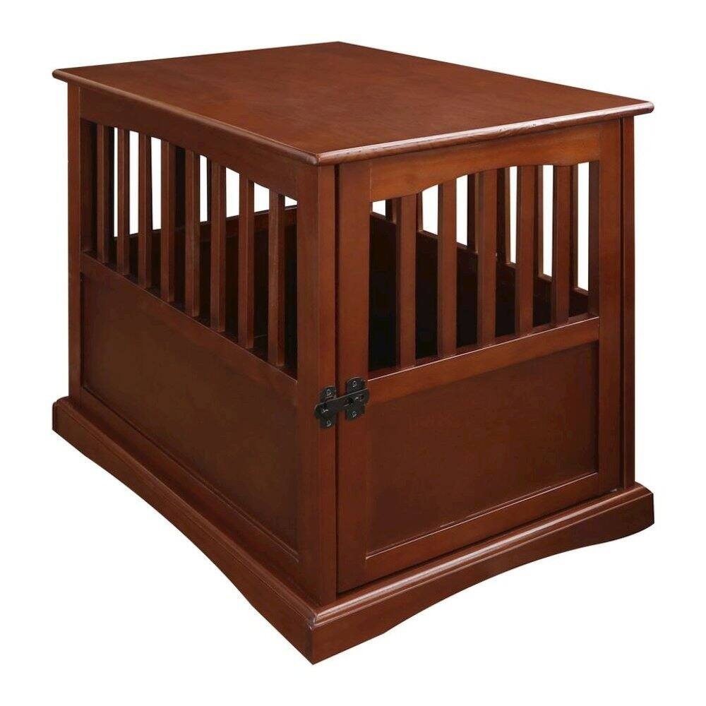Back. FurniFact - Walnut Dog Kennel Furniture with Gate, Solid Wood Dog Crate End Table - Walnut.