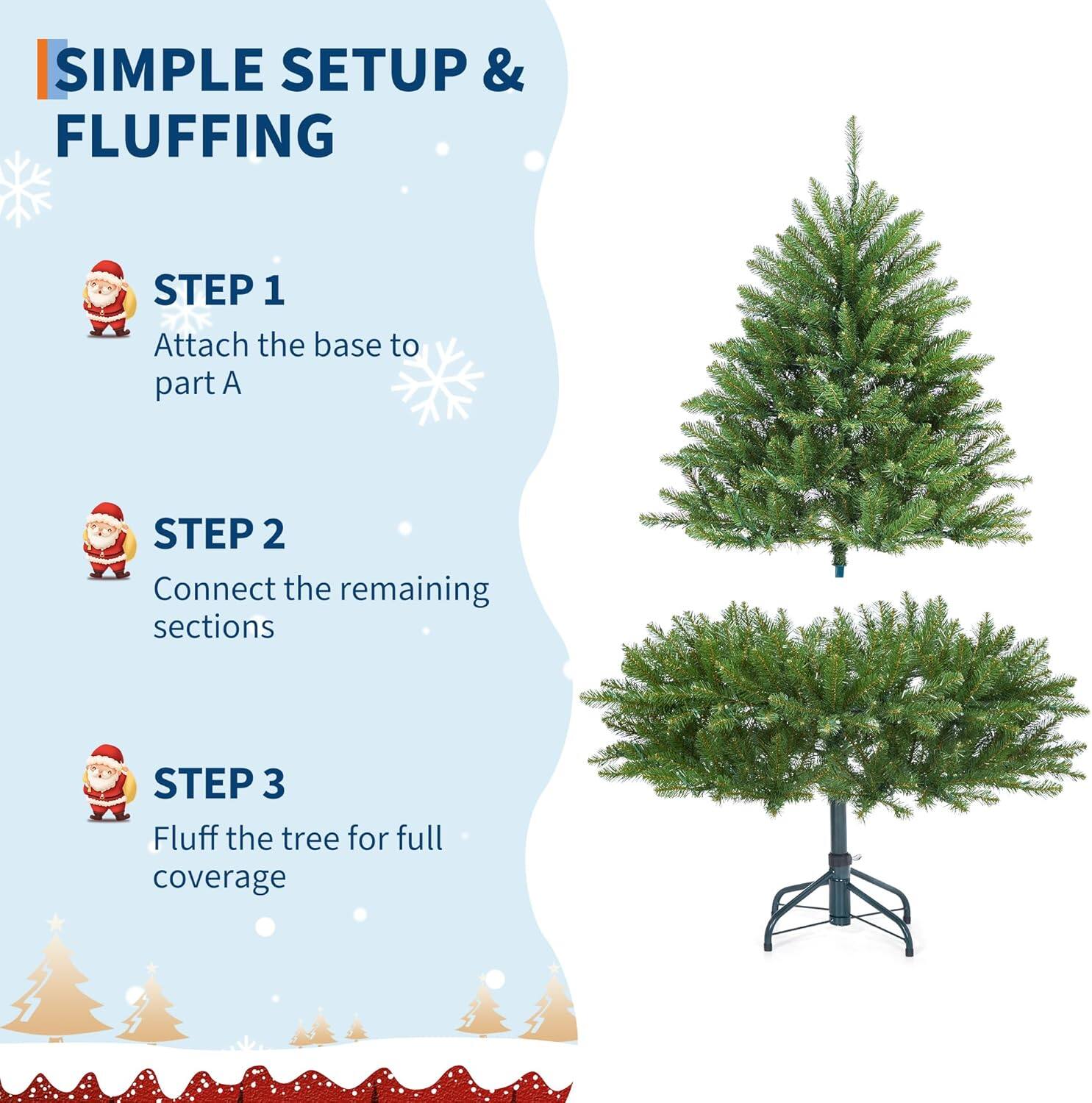 SIMPLE SETUP & FLUFFING

STEP 1
Attach the base to part A

STEP 2
Connect the remaining sections

STEP 3
Fluff the tree for full coverage