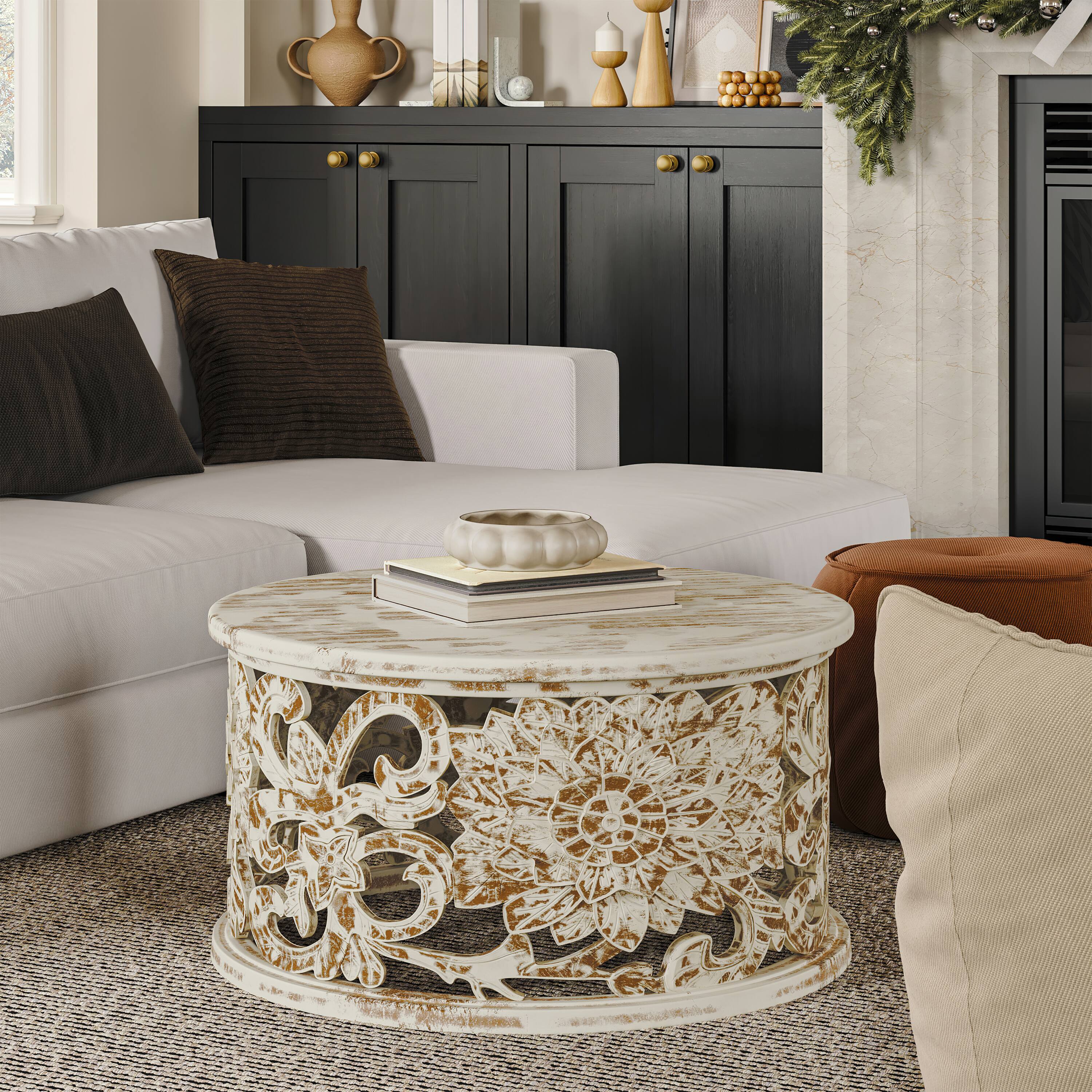 Alt View 6. Manhattan Lane - Alina Coffee Table Handcrafted Mango Wood Floral Carved Cut Out Design Distressed White Finish 33 Inch - White.