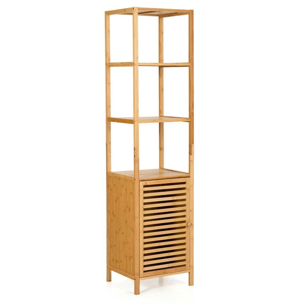 Alt View 2. Pefilos - 4 Tiers Slim Bamboo Floor Storage Cabinet with Shutter Door and Anti-Toppling Device-Natural, Bathroom Storage Cabinet - Brown.