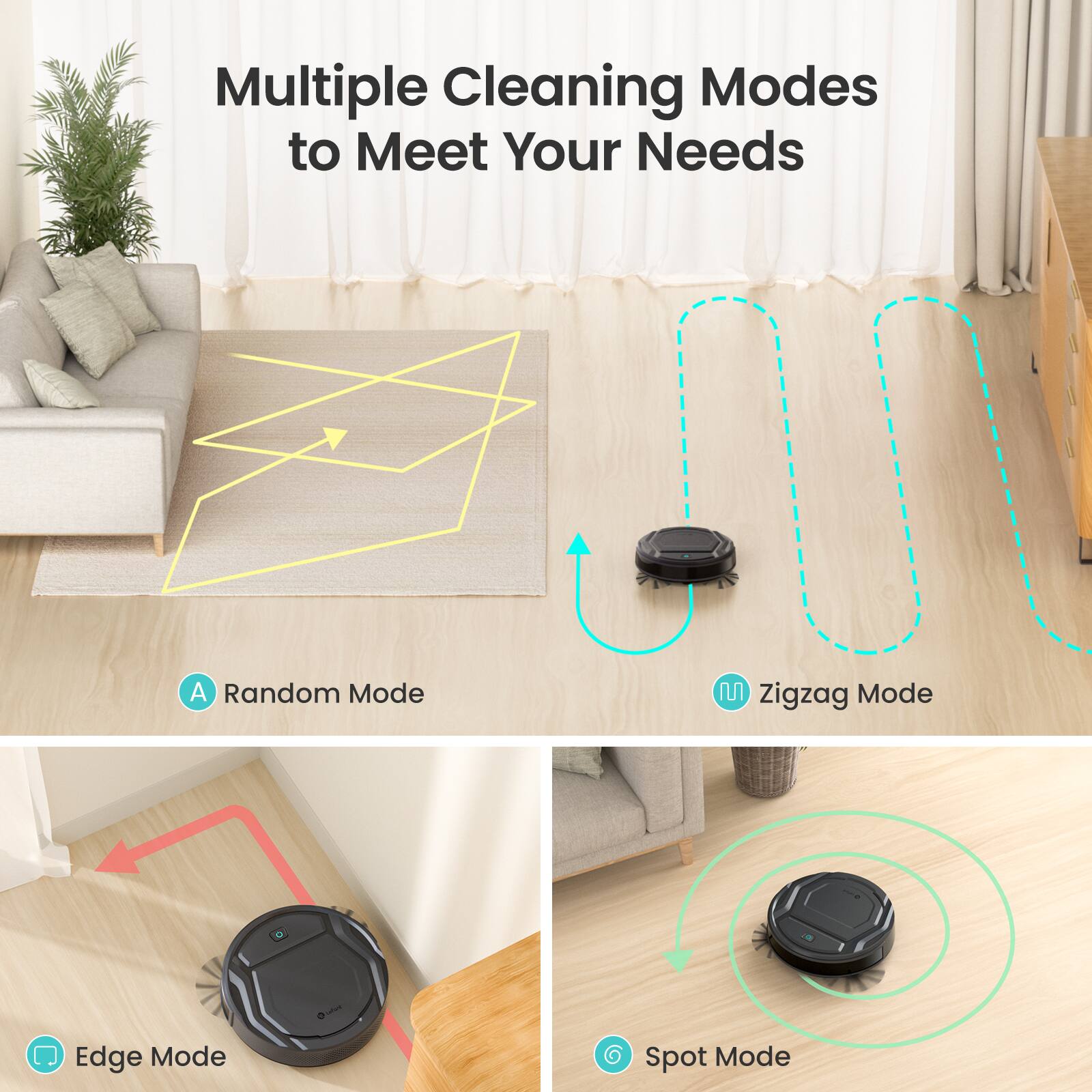 Multiple Cleaning Modes to Meet Your Needs

A Random Mode
Zigzag Mode
Edge Mode
Spot Mode