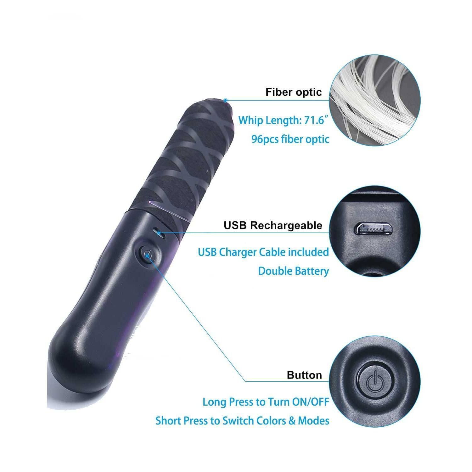 - Fiber optic Whip Length: 71.6"
- 96pcs fiber optic
- USB Rechargeable
- USB Charger Cable included
- Double Battery
- Button
  - Long Press to Turn ON/OFF
  - Short Press to Switch Colors & Modes