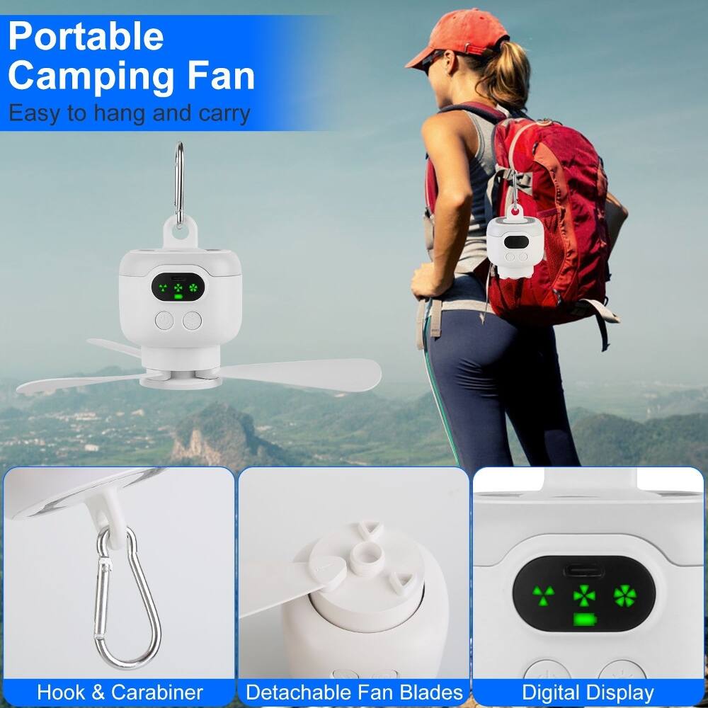 Portable Camping Fan  
Easy to hang and carry  
Hook & Carabiner  
Detachable Fan Blades  
Digital Display