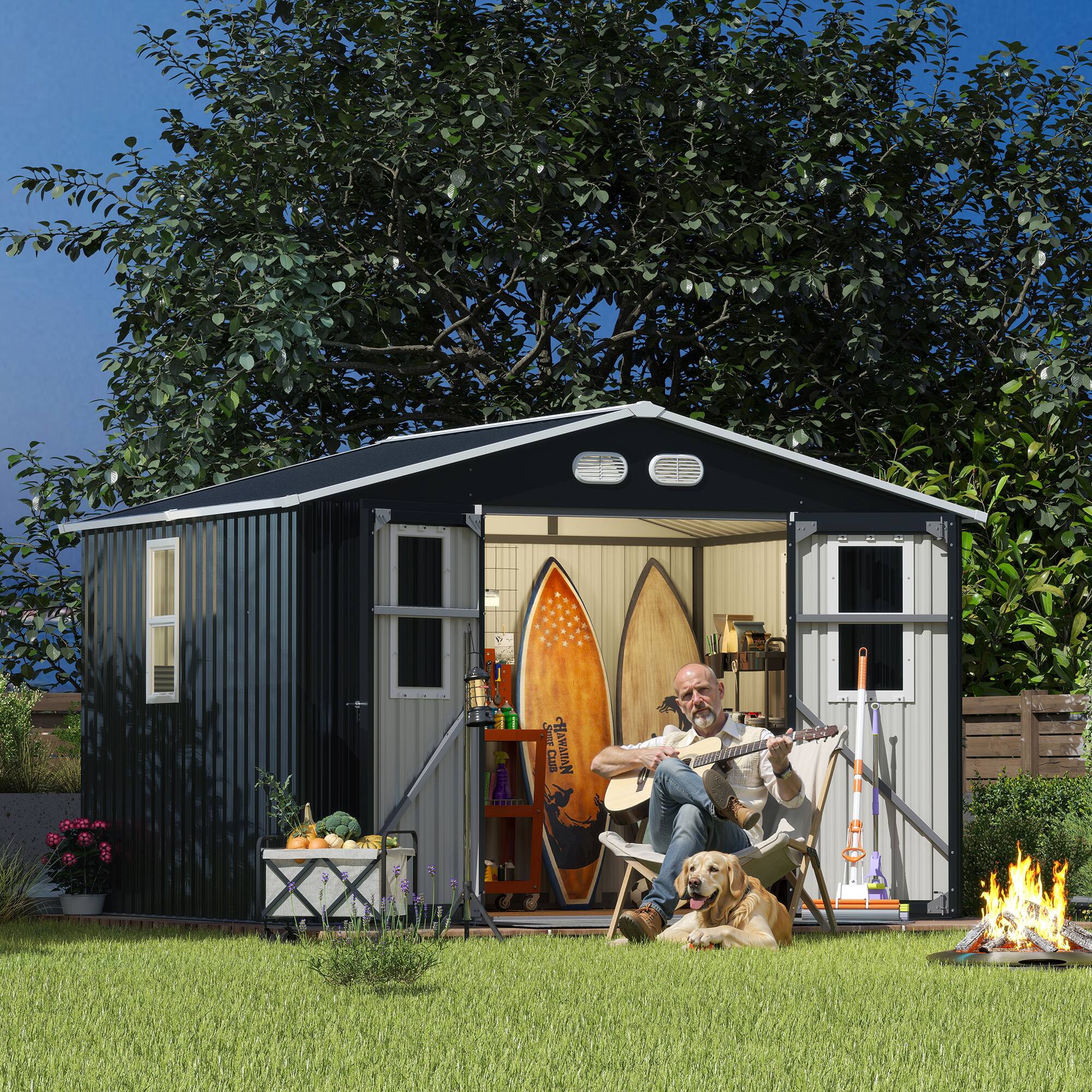 Left. Mondawe - 8x10 FT Outdoor Storage Shed with Protective Film, Four Daylight Windows and Lockable Doors - Dark Gray.
