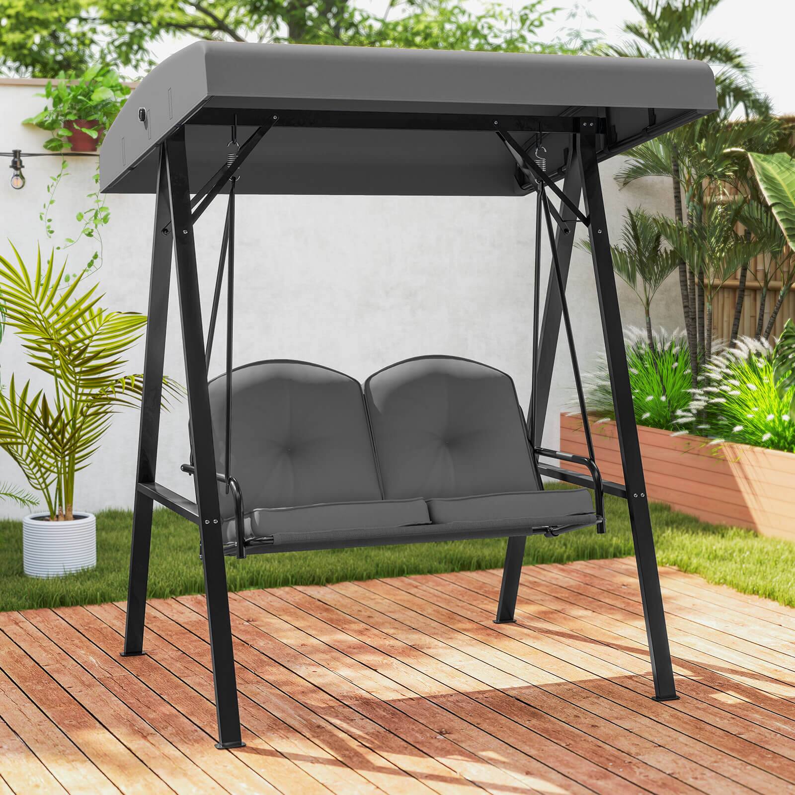 Alt View 1. Costway - Costway 2-Person Outdoor Porch Swing Swing Loveseat with A-Shaped Metal Stand - Gray.