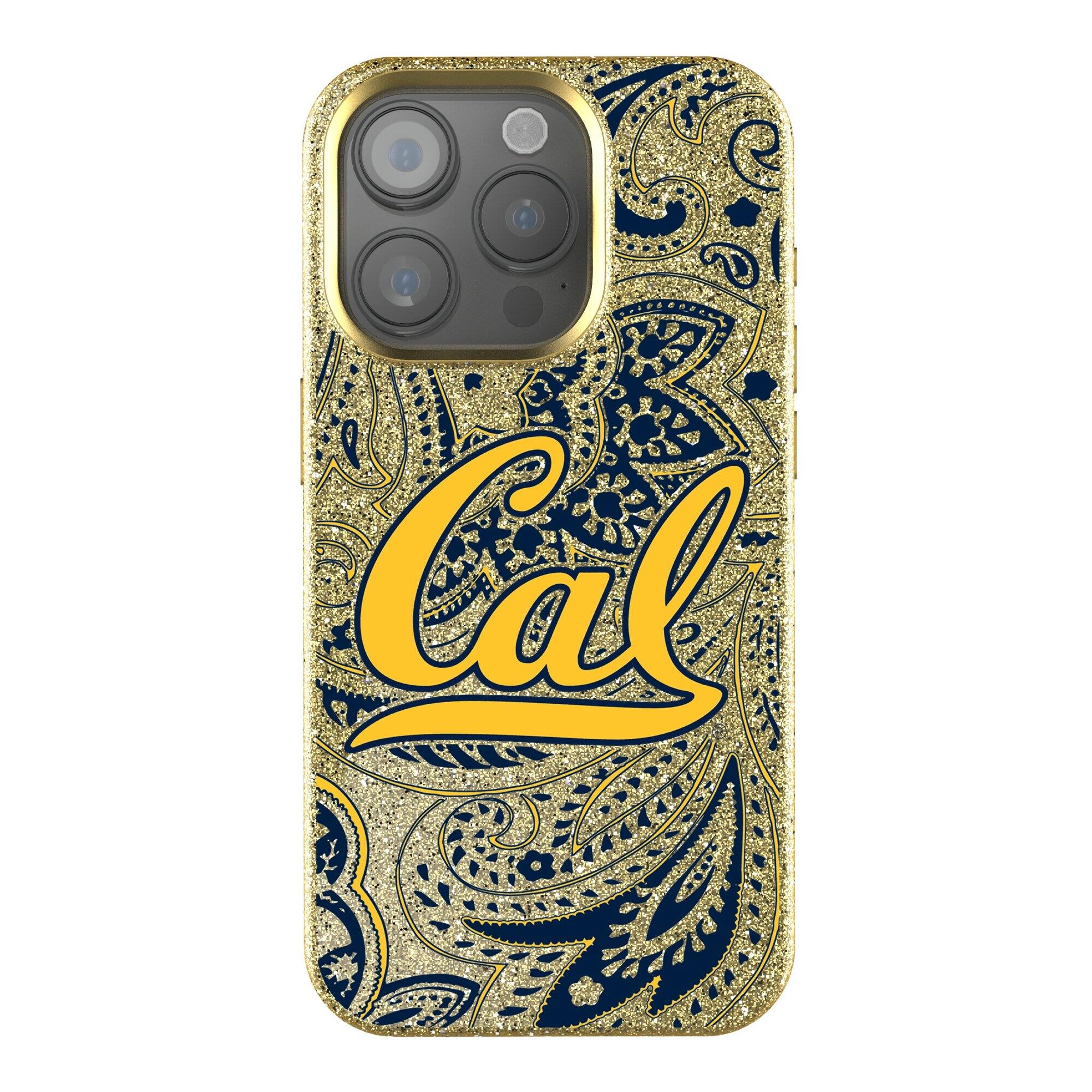 Front. Keyscaper - Cal Bears Paisley Bling iPhone Case - 14 Pro - Gold.
