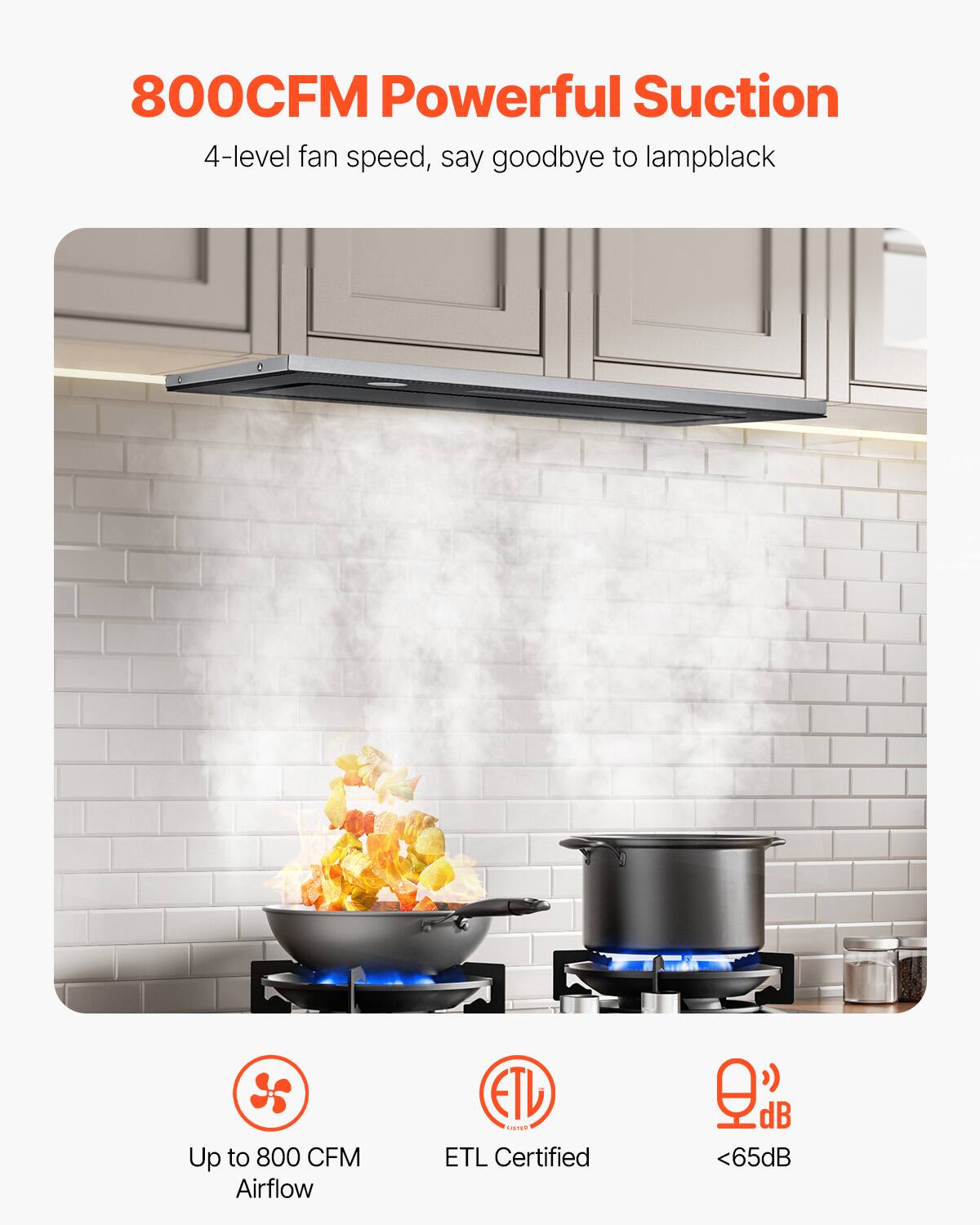 800CFM Powerful Suction  
4-level fan speed, say goodbye to lampblack  

Up to 800 CFM Airflow  
ETL Certified  
<65dB
