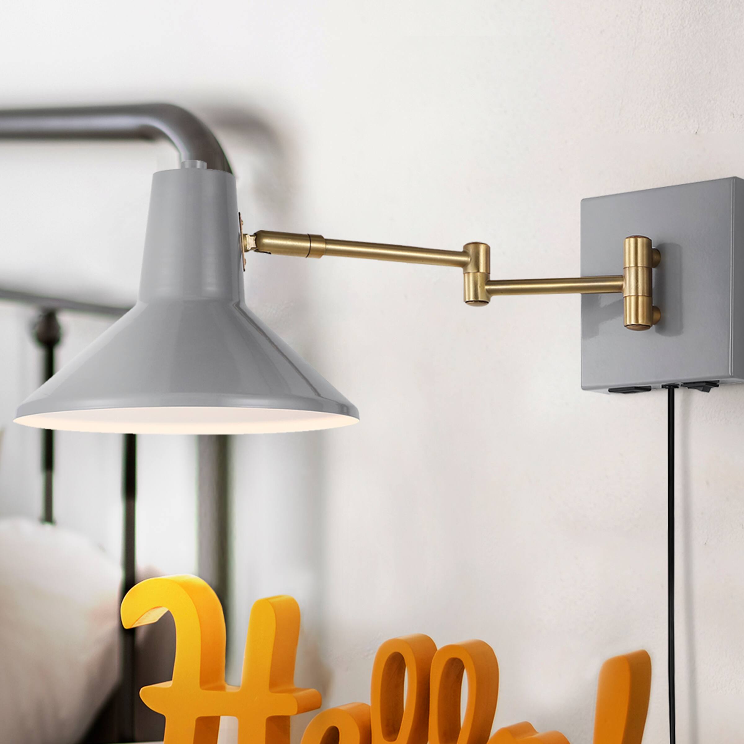 Alt View 10. Jonathan Y - Hygge 16" Swing Arm 1-Light Modern Midcentury Iron USB Charging Port LED Sconce, Grey/Brass Gold - Gray.
