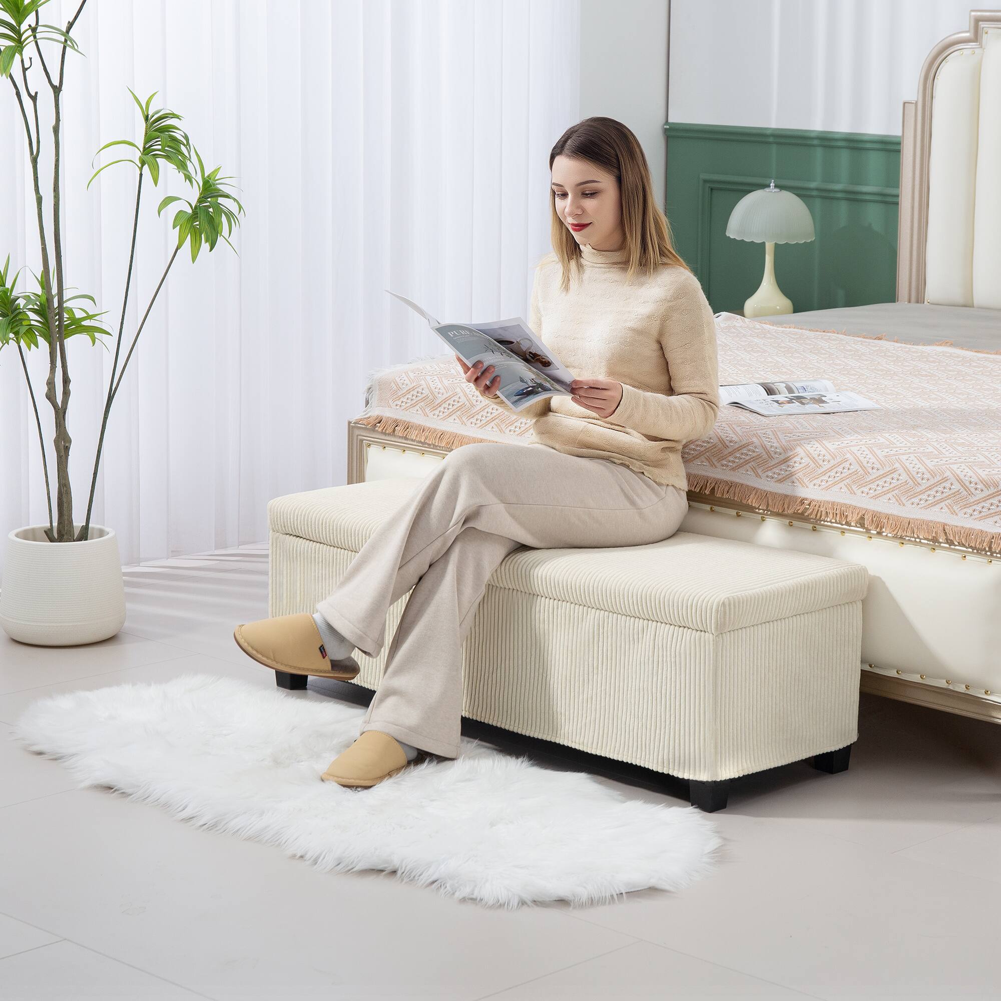 Alt View 2. Homcom - 47 Inches Storage Ottoman Bench, Foot Rest with Removable Lid, End of Bed Bench, Padded Seat, for Living Room, Bedroom - Beige.