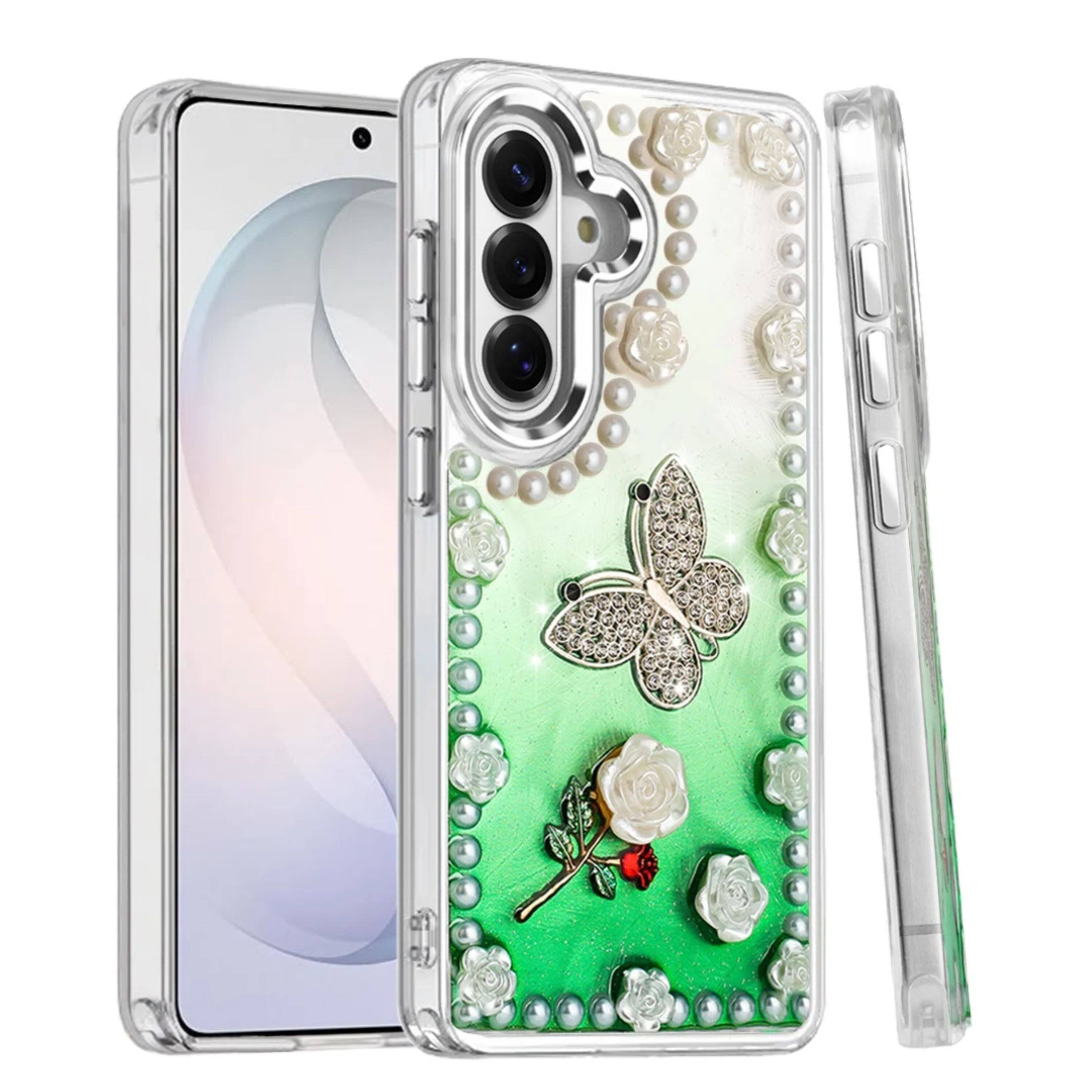 Angle. Kitcheniva - Floral Faux Pearl Trim 3D Charms Phone Case With Tempered Glass For Samsung S26 - Multicolor.