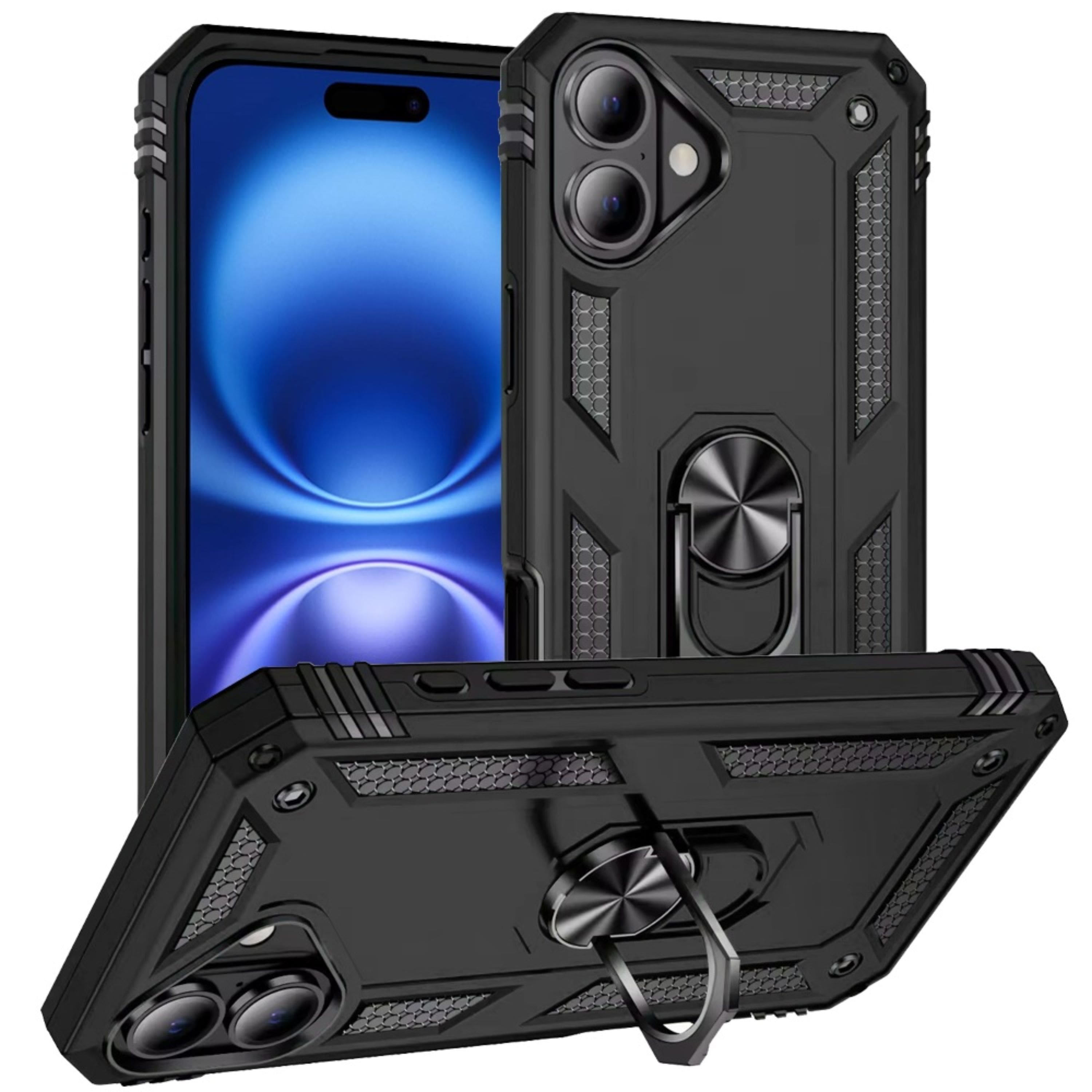 Kitcheniva - Rugged Metal Ring Kickstand Phone Case With Tempered Glass For iPhone 17 - Black