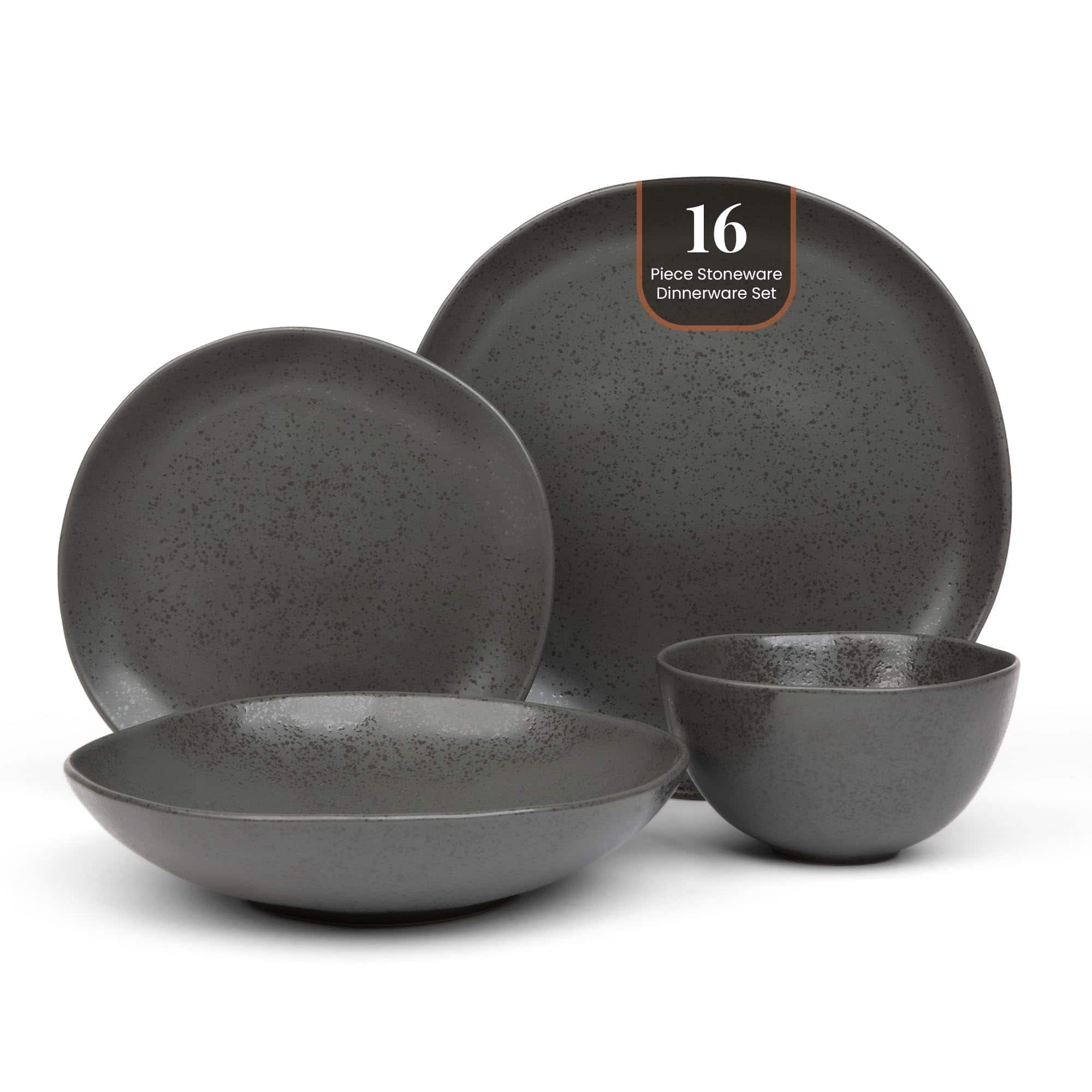Larder & Vine - 16-Piece Urban Dinnerware Set for 4, Ceramic Stoneware Made in Portugal - Charcoal Gray