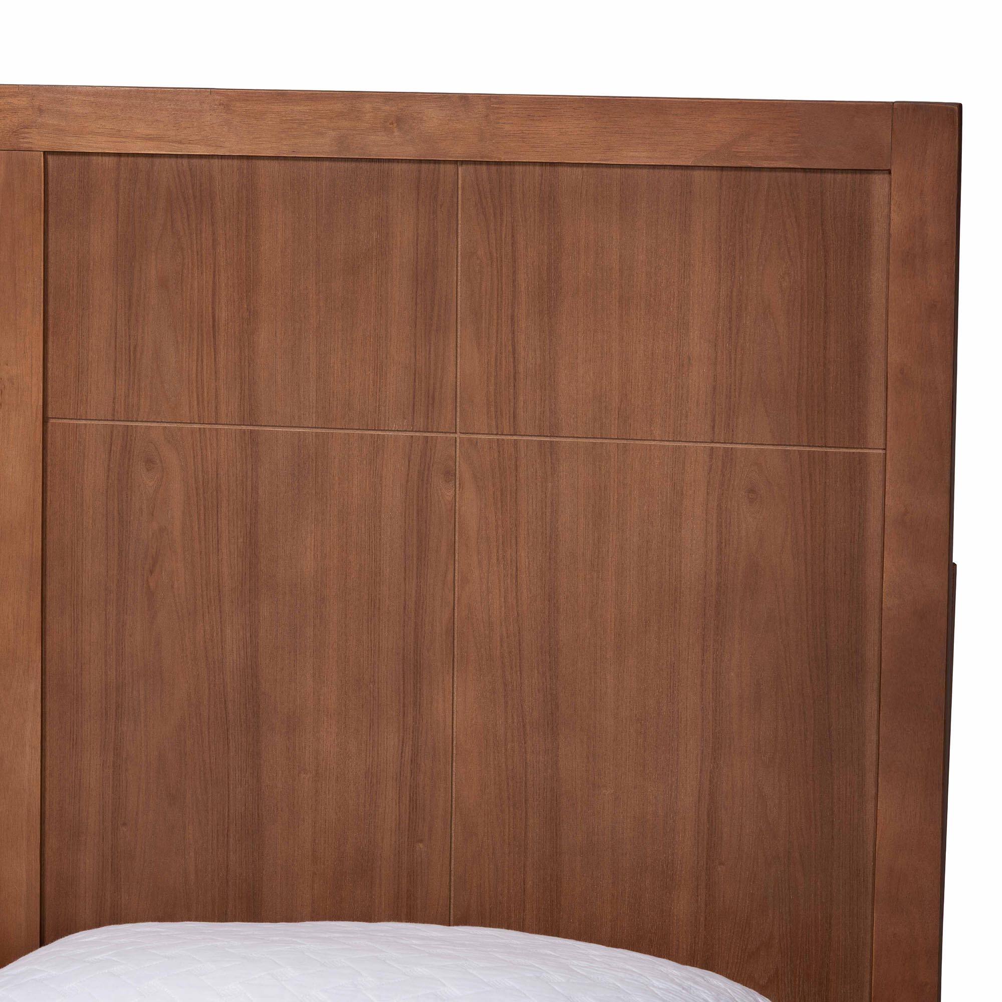 Back. Baxton Studio - Noela Platform Bed - Mid-Century Modern Wood Bed Frame with Panel Headboard and Angled Legs for Bedroom, Queen - Ash Walnut.