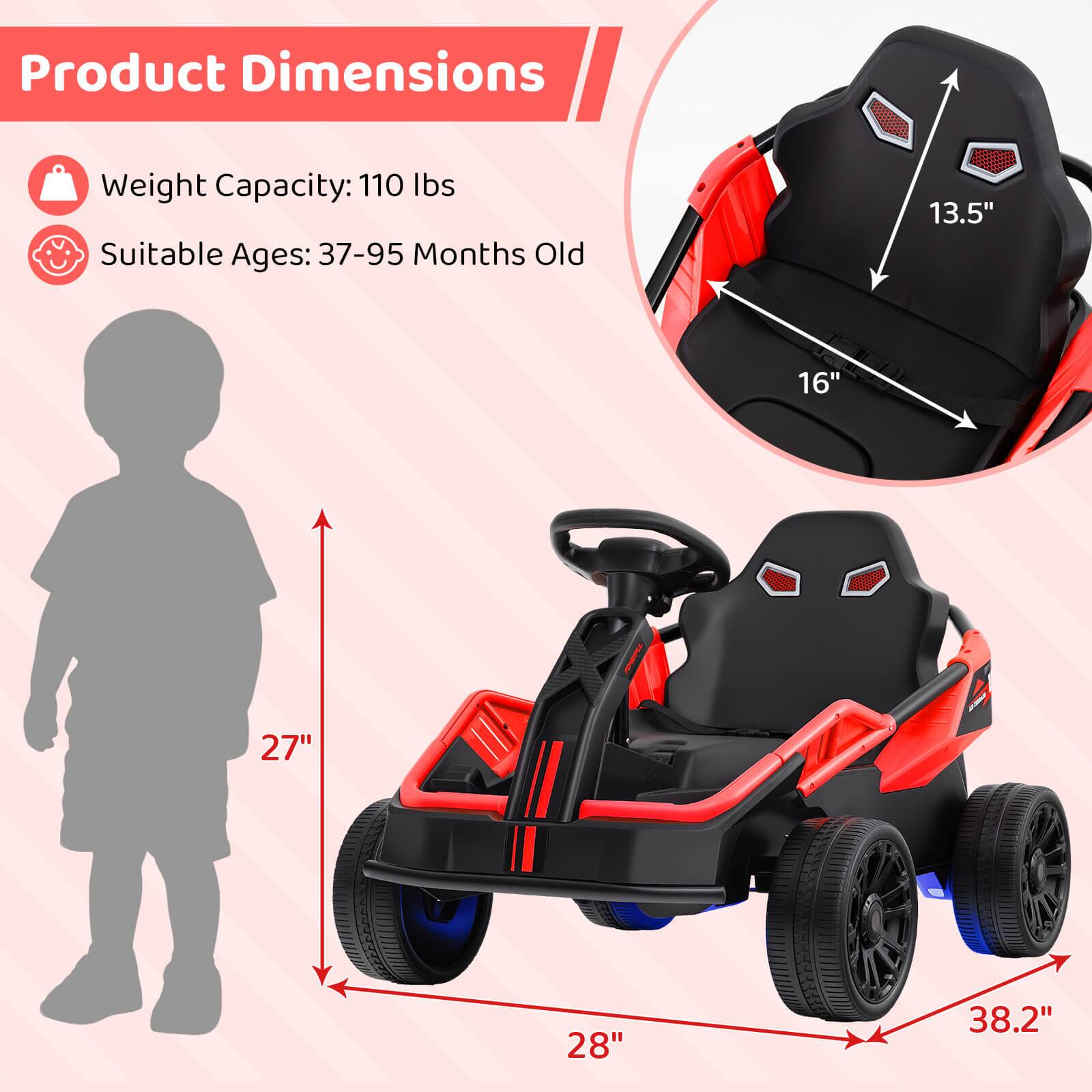 Product Dimensions

- Weight Capacity: 110 lbs
- Suitable Ages: 37-95 Months Old

Dimensions:
- Height: 27"
- Width: 28"
- Depth: 38.2"
- Seat Height: 13.5"
- Seat Width: 16"
