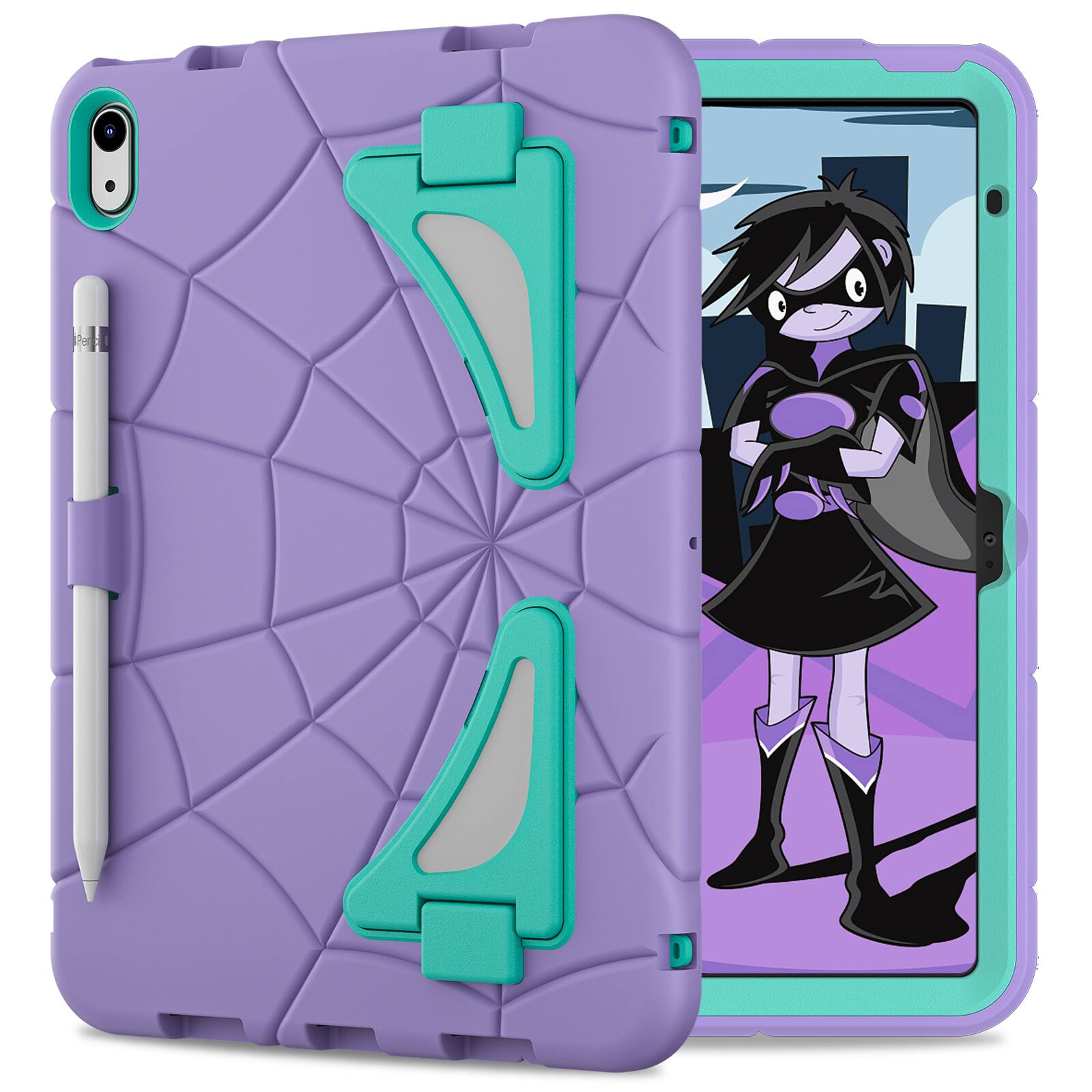Angle. UUCOVER - Kids Case for iPad (A16) 11-inch 2025 / iPad 10th Gen 10.9" 2022 ,Shockproof TPU+PC Rugged Stand Case Protective Cover - Purple+Mint.