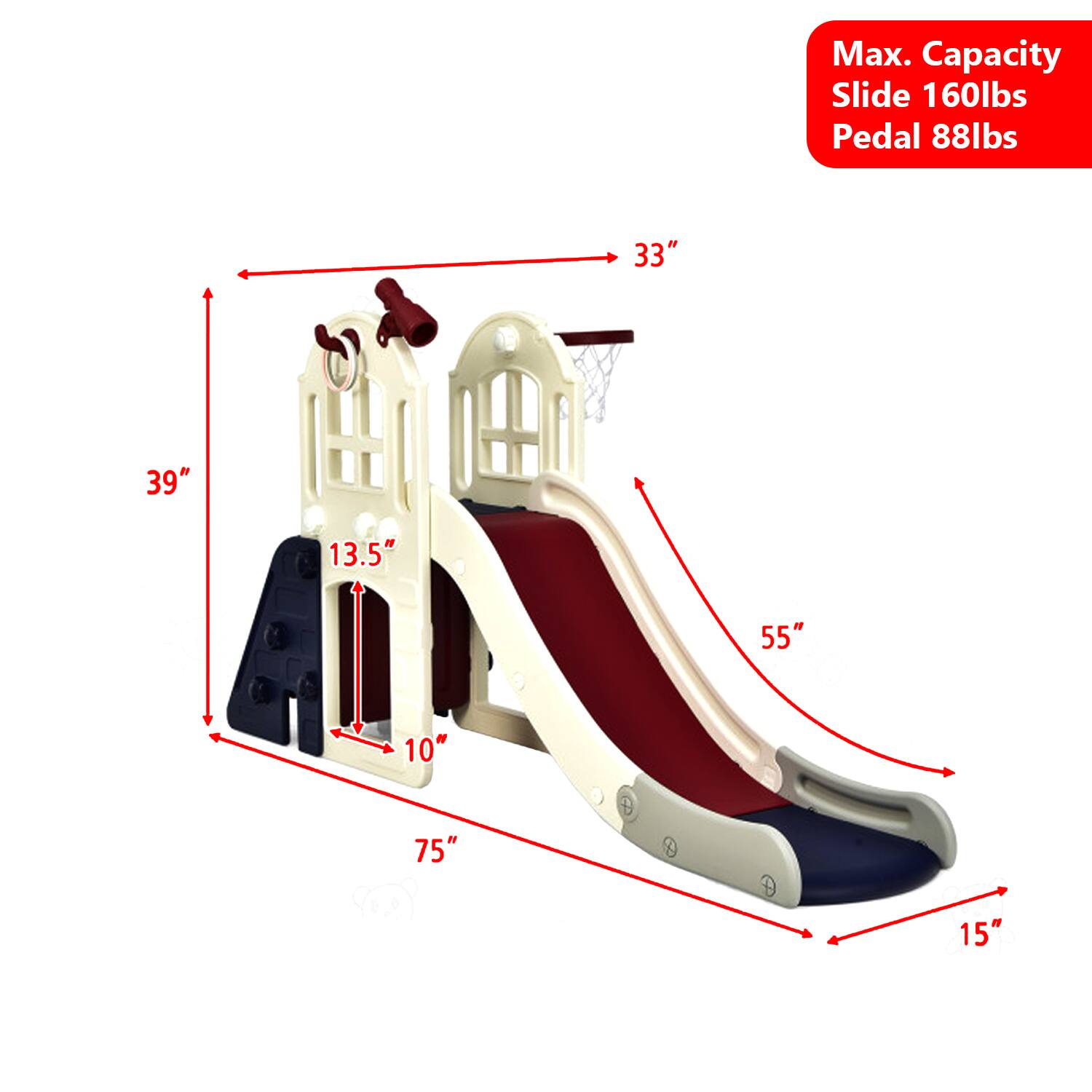 Max. Capacity  
Slide 160lbs  
Pedal 88lbs  

33"  
39"  
13.5"  
10"  
75"  
55"  
15"