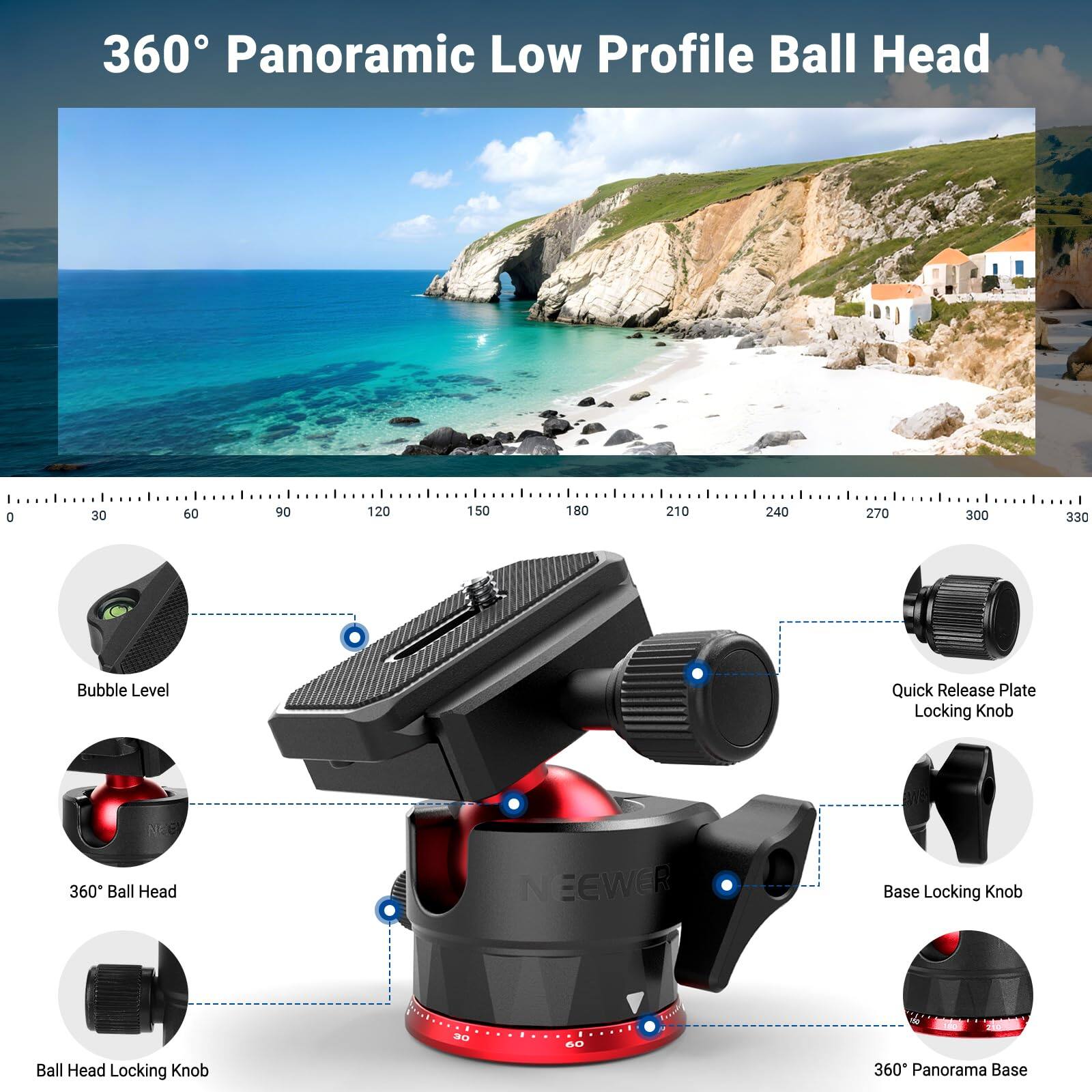 360° Panoramic Low Profile Ball Head

- Bubble Level
- Quick Release Plate Locking Knob
- 360° Ball Head
- Base Locking Knob
- Ball Head Locking Knob
- 360° Panorama Base