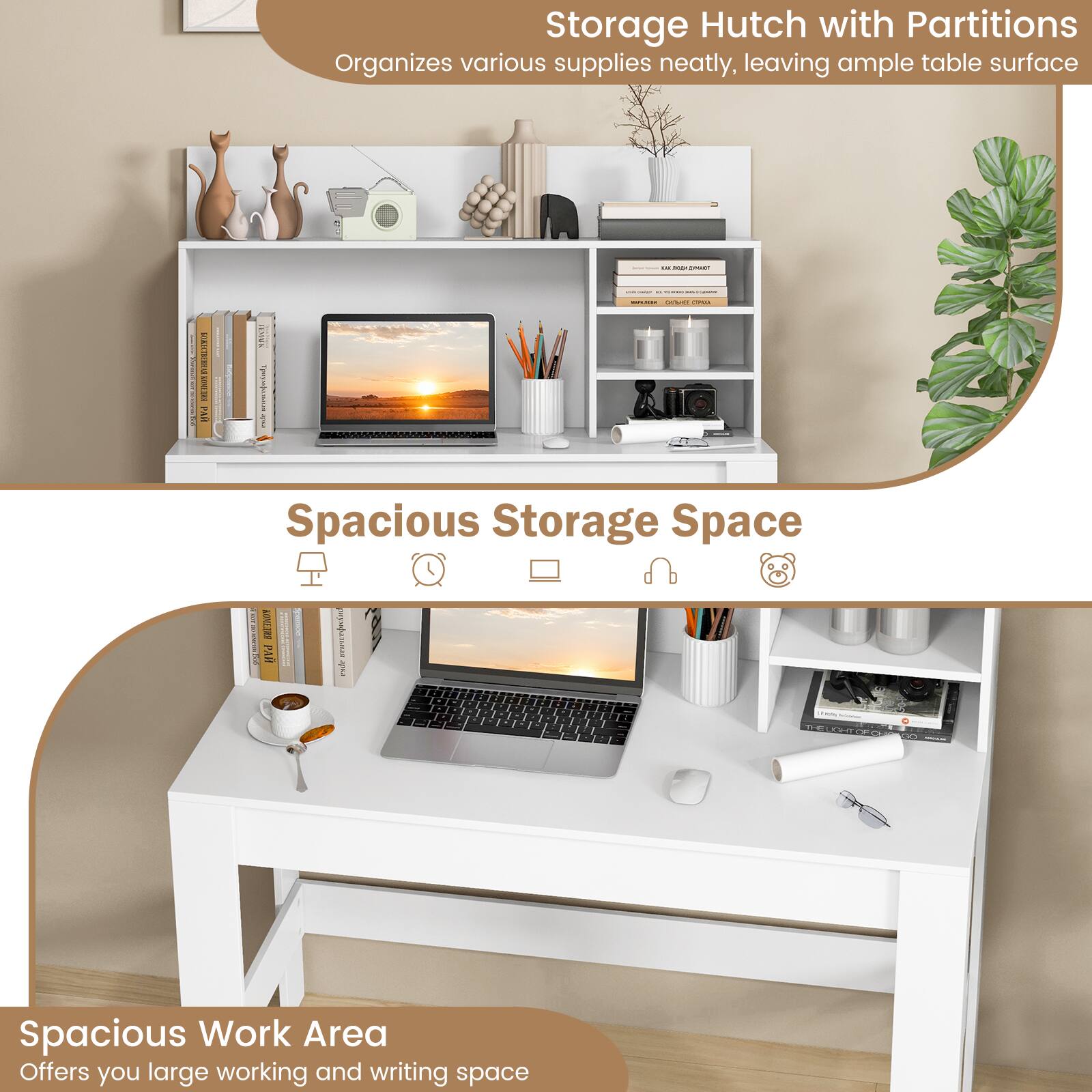 The text on the image is grouped and corrected as follows:
1. Storage Hutch with Partitions: Organizes various supplies neatly, leaving ample table surface.
2. Spacious Storage Space: Offers you large working and writing space.
3. Spacious Work Area: Offers you large working and writing space.