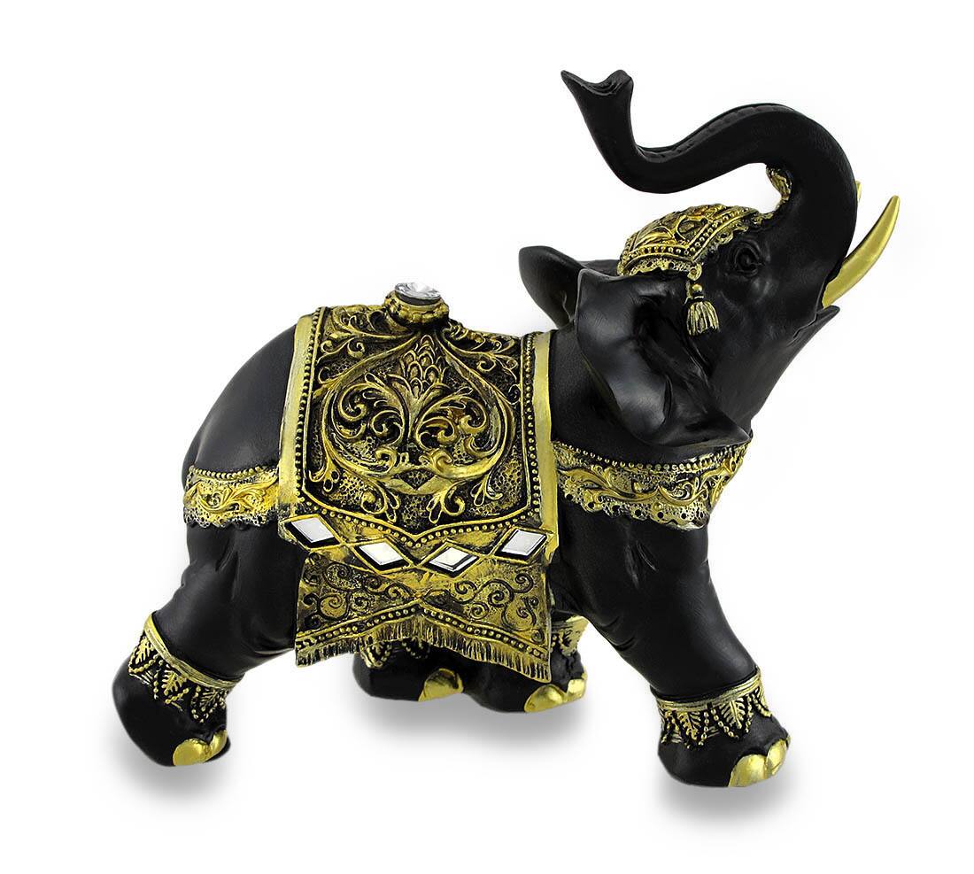 Alt View 2. Zeckos - Exotic Black and Gold Finish Trunk Up Thai Elephant Statue - Gold.