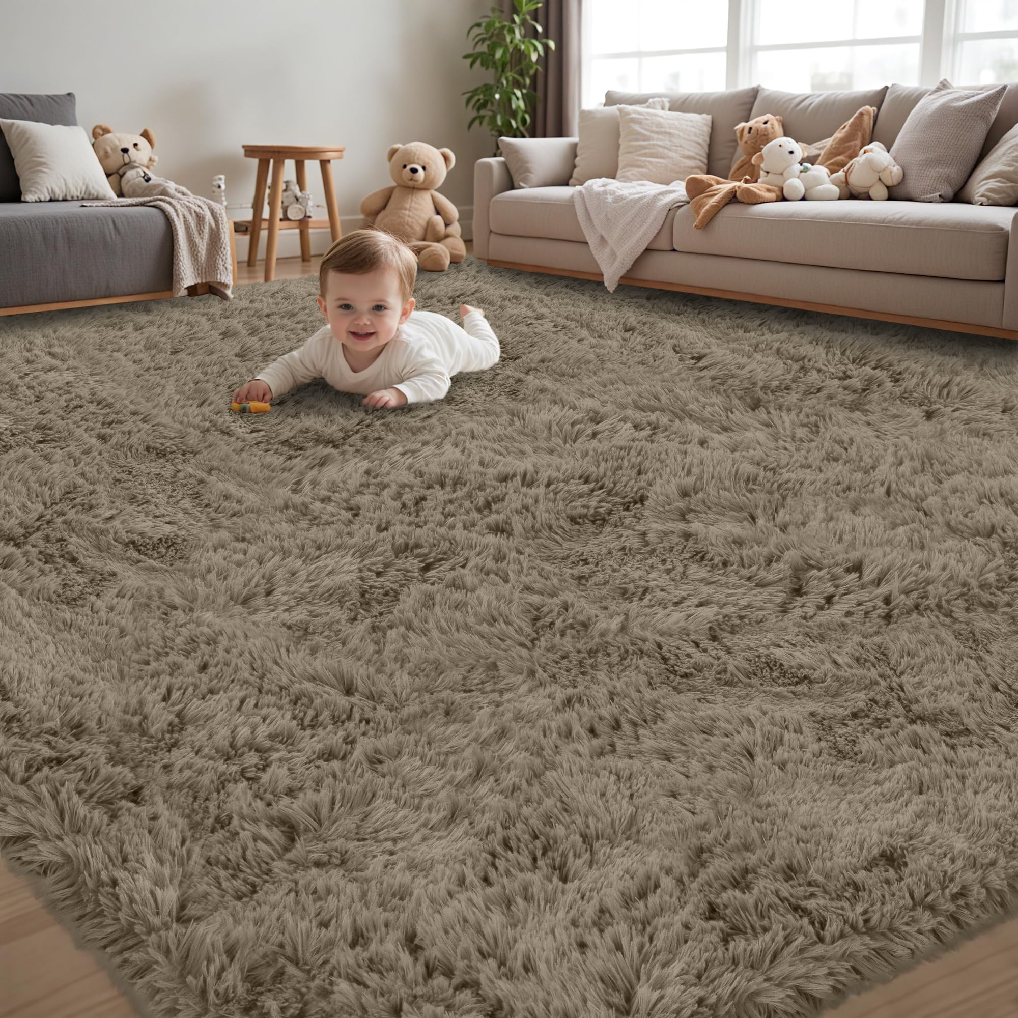 Front. PARKER SLATER - 8x10 Area Rug Living Room Ultra Soft Fluffy Shag Black Rugs Large Fuzzy Plush Indoor Non Slip Carpet Washable Bedroom - Grey Camel.