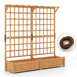 Costway - 71" Large Wooden Planter Container with Trellis, Hanging Roof 4 Drainage Holes - Beige