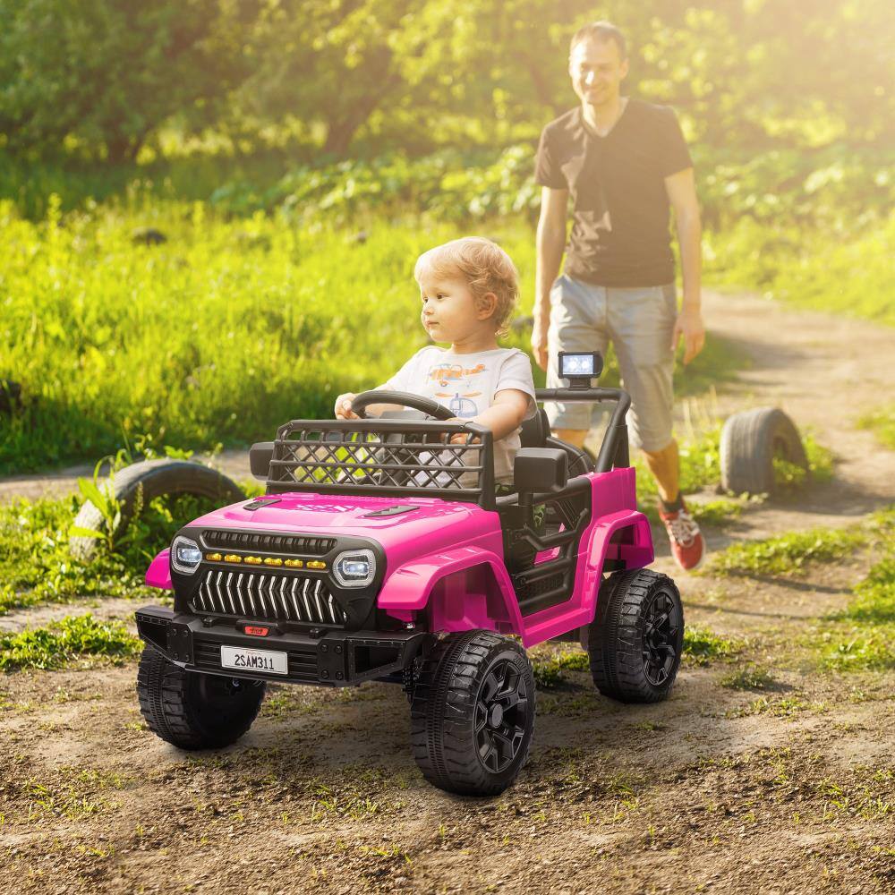 Angle. BreeBe - Qaba 12V Kids Ride On Truck Electric Car UTV with 4 Suspension Wheels, Remote, 3 Speeds, LED, Horn & USB Music - Pink.