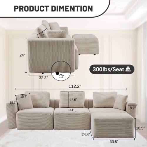 PRODUCT DIMENSION

- Width: 112.2"
- Depth: 33.5"
- Height: 32.3"
- Seat Height: 18.1"
- Seat Depth: 18.5"
- Arm Height: 15.7"
- Arm Width: 15.7"
- Back Height: 24"
- Back Width: 14.6"
- Weight Capacity: 300 lbs/Seat
